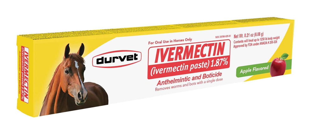 Durvet Ivermectin Paste bottle with apple flavor for horses' deworming support.