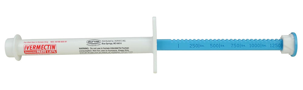 Durvet Ivermectin Paste syringe administering dose for convenient equine deworming.