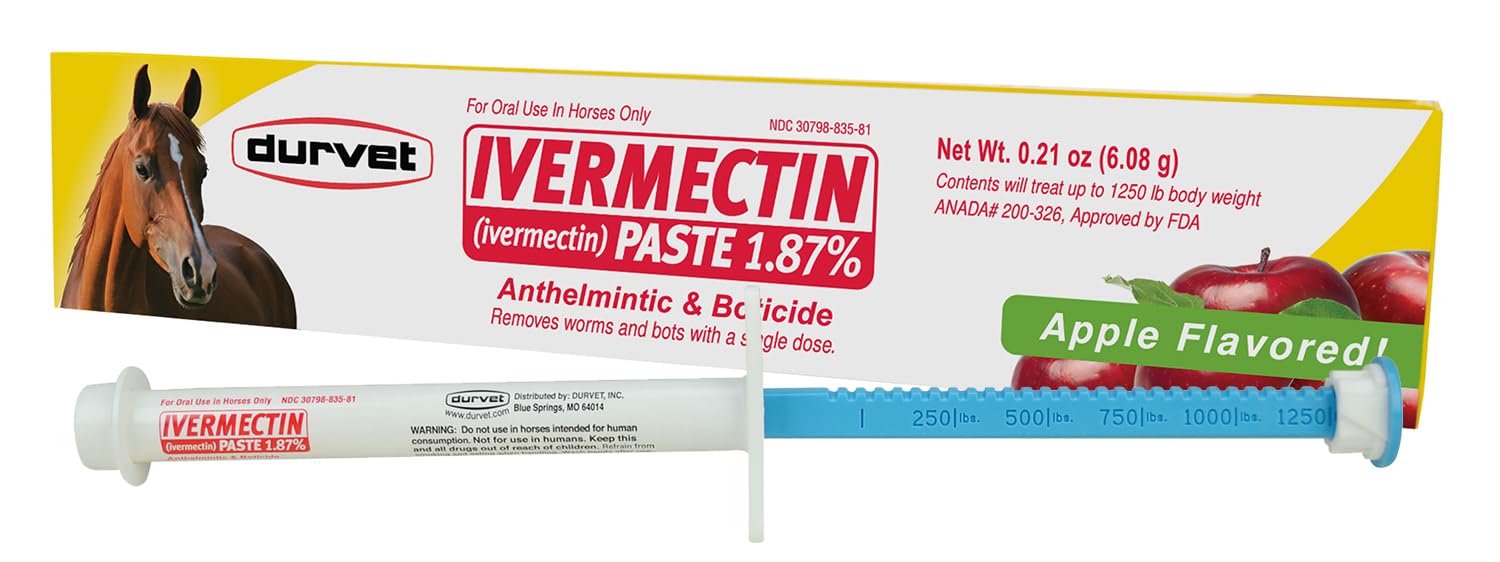 Durvet Ivermectin Apple-Flavored Paste being applied to a horse during dosing.