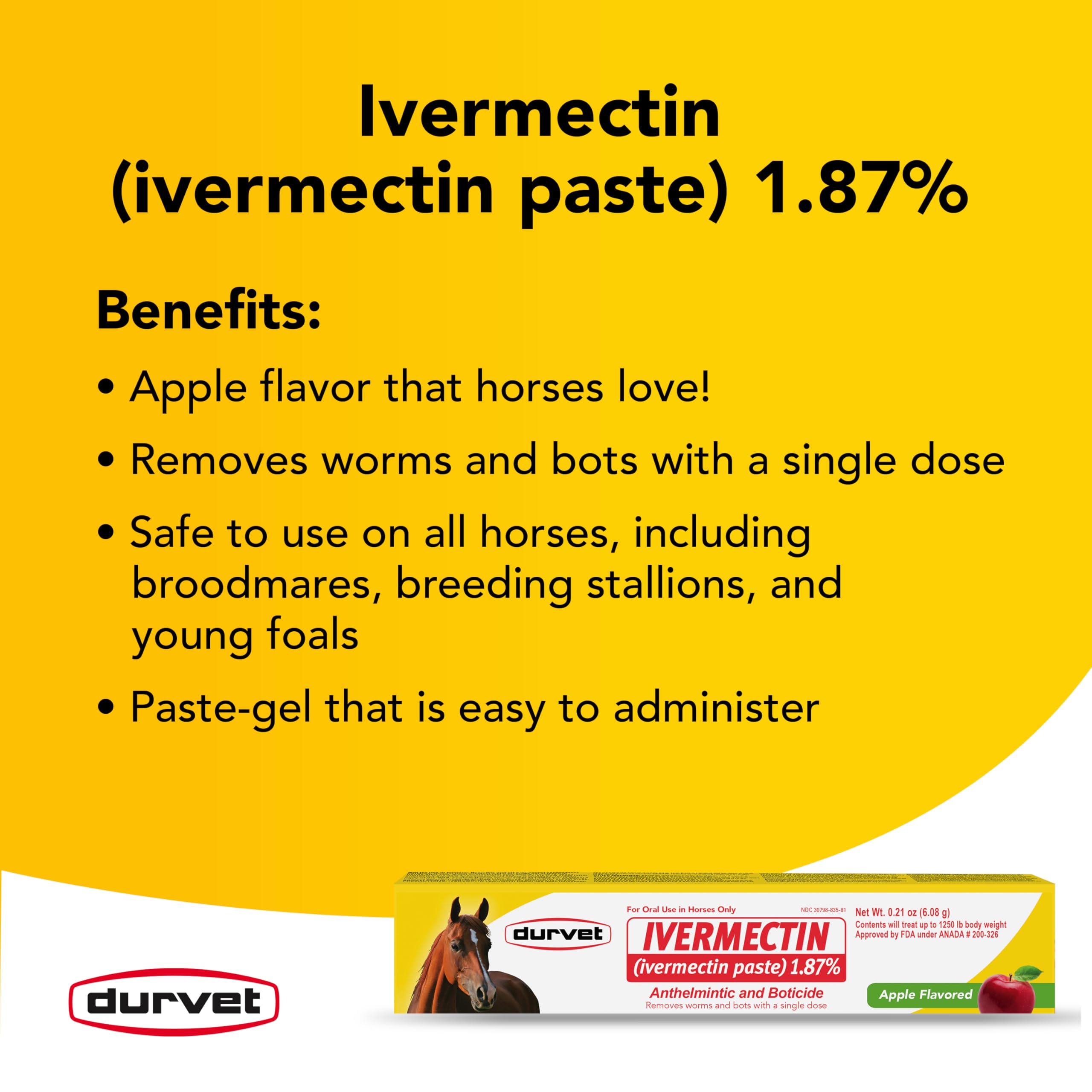 Durvet Ivermectin Paste apple-flavored formula, palatable option that eases dosing for horses.