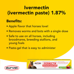 Durvet Ivermectin Paste apple-flavored formula, palatable option that eases dosing for horses.