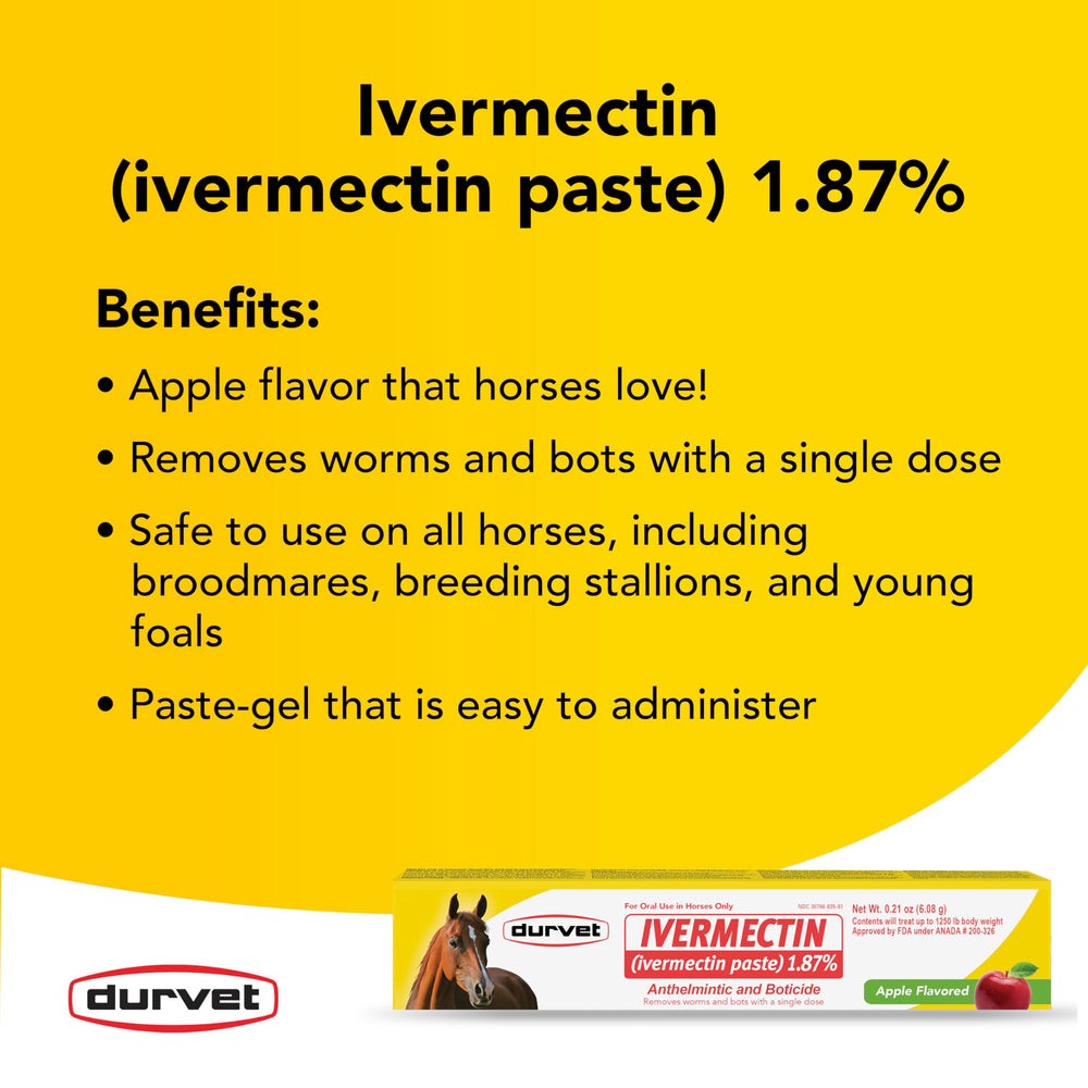 Durvet Ivermectin Paste label highlights 1.87% ivermectin and dosage guidance.
