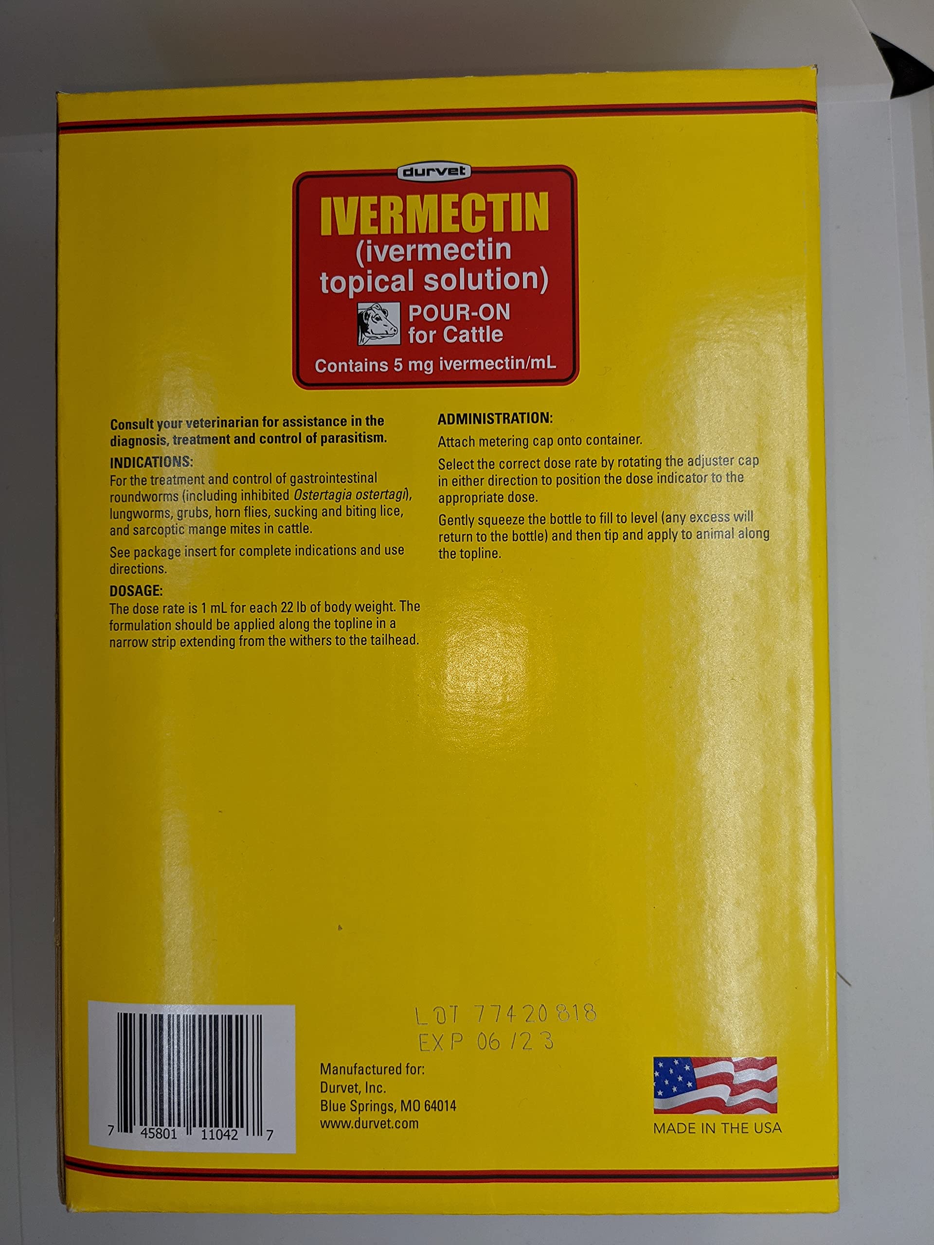 Durvet Ivermectin Pour-On packaging and tool-ready design supports on-farm administration.