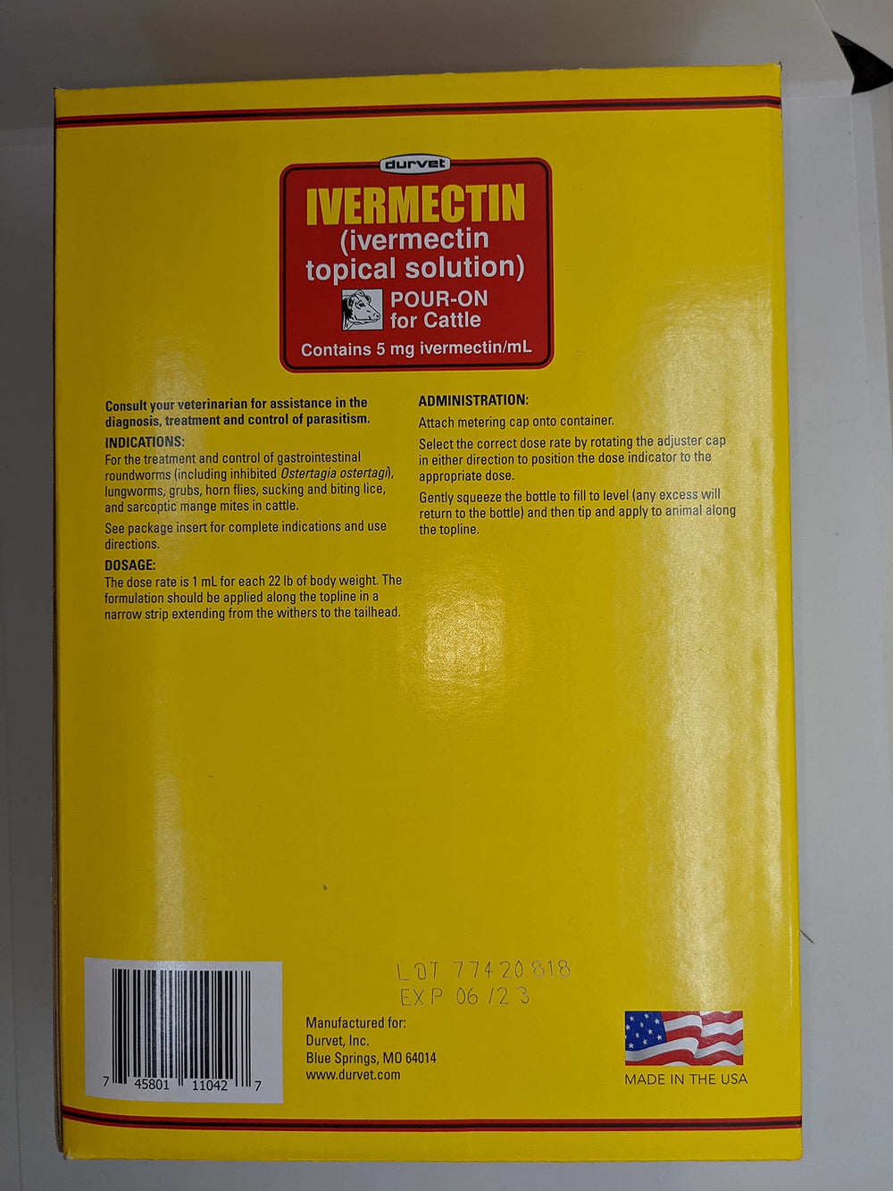 Durvet Ivermectin Pour-On packaging and tool-ready design supports on-farm administration.