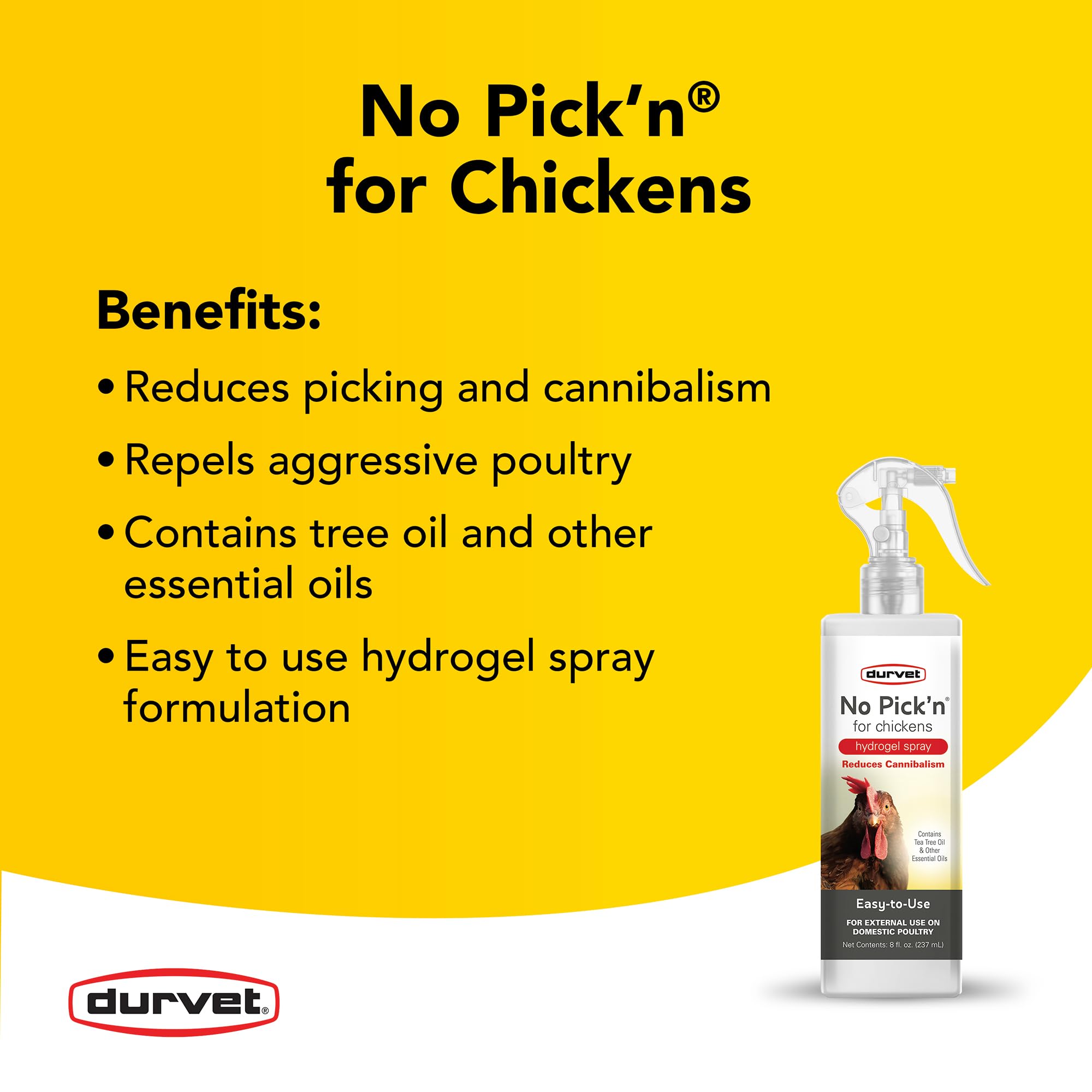 Durvet No Pick'n for Chickens hydrogel spray demonstrates easy application for poultry care.