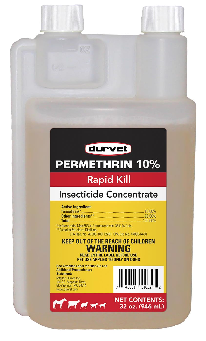 Durvet permethrin EC 10% 32oz bottle for at-home pet care and spot treatments.