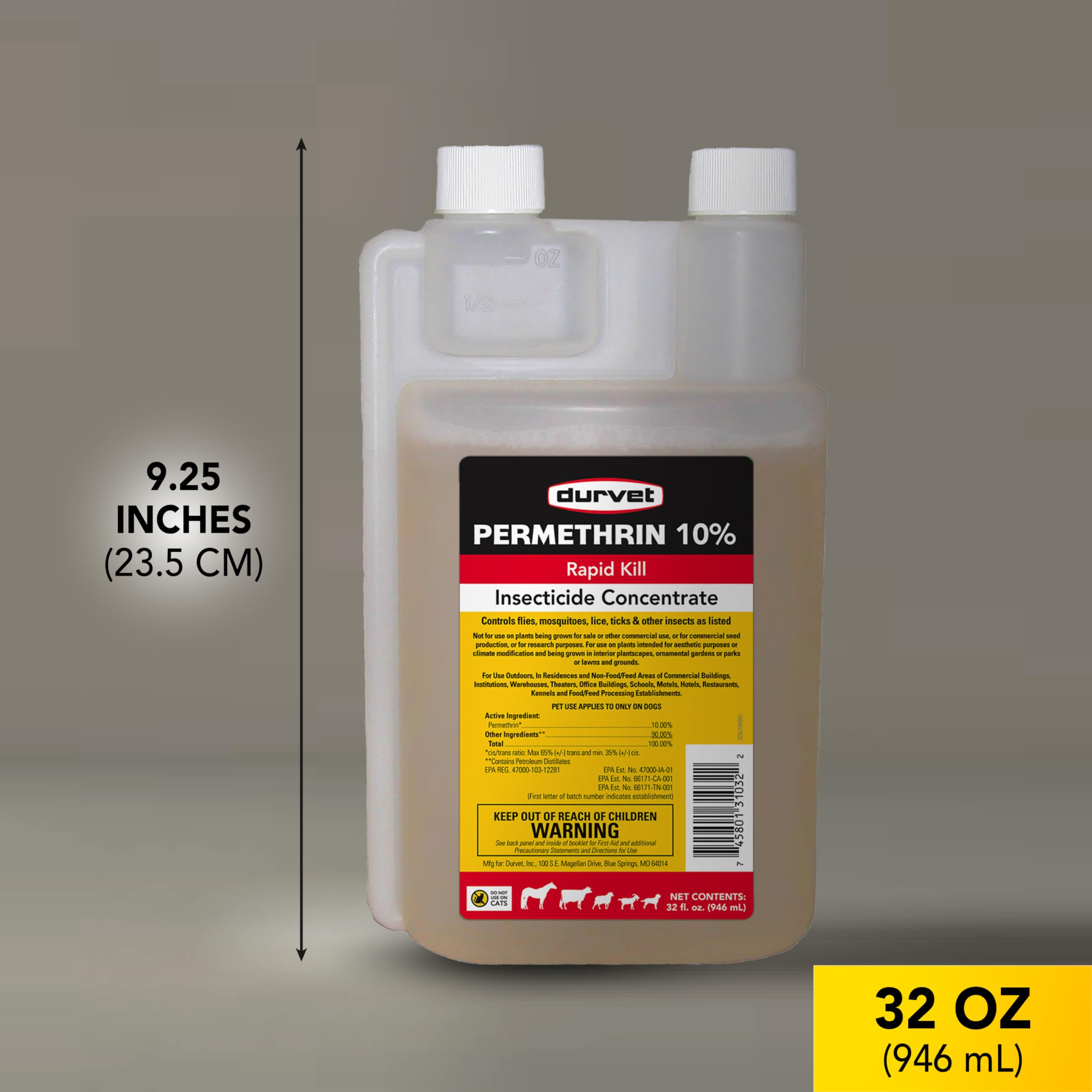 Durvet permethrin EC 10% concentrate measuring cup highlights easy dosing for pet comfort routines.