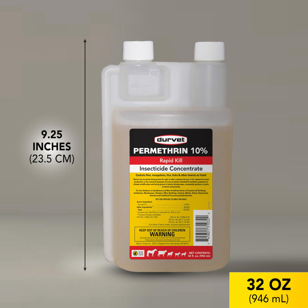 Durvet permethrin EC 10% concentrate measuring cup highlights easy dosing for pet comfort routines.