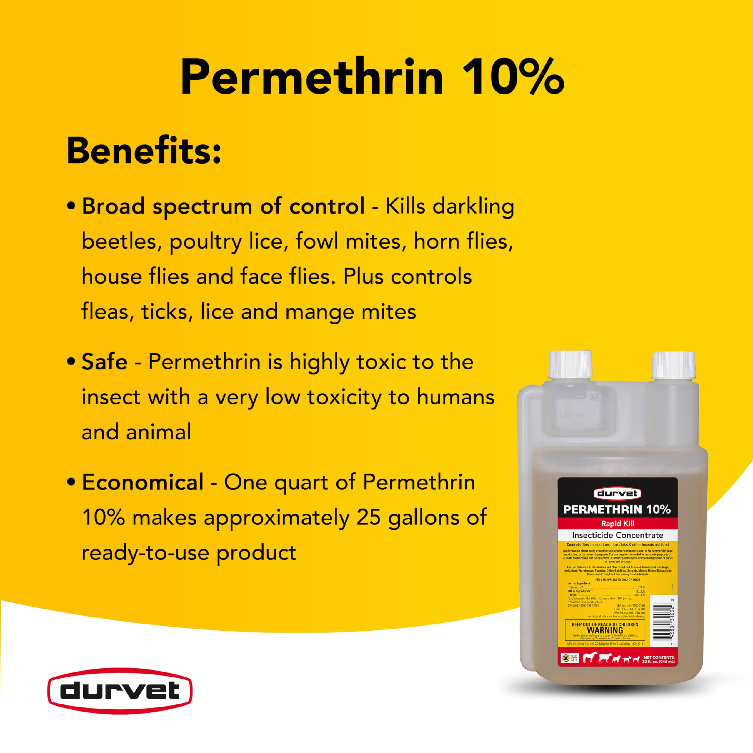 Durvet permethrin EC 10% concentrate packaging-dimensions highlight compact 32-ounce concentrate.