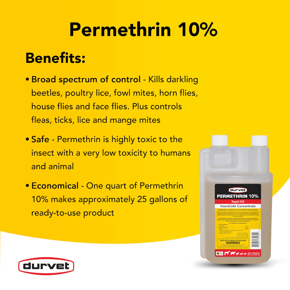 Durvet permethrin EC 10% concentrate packaging-dimensions highlight compact 32-ounce concentrate.