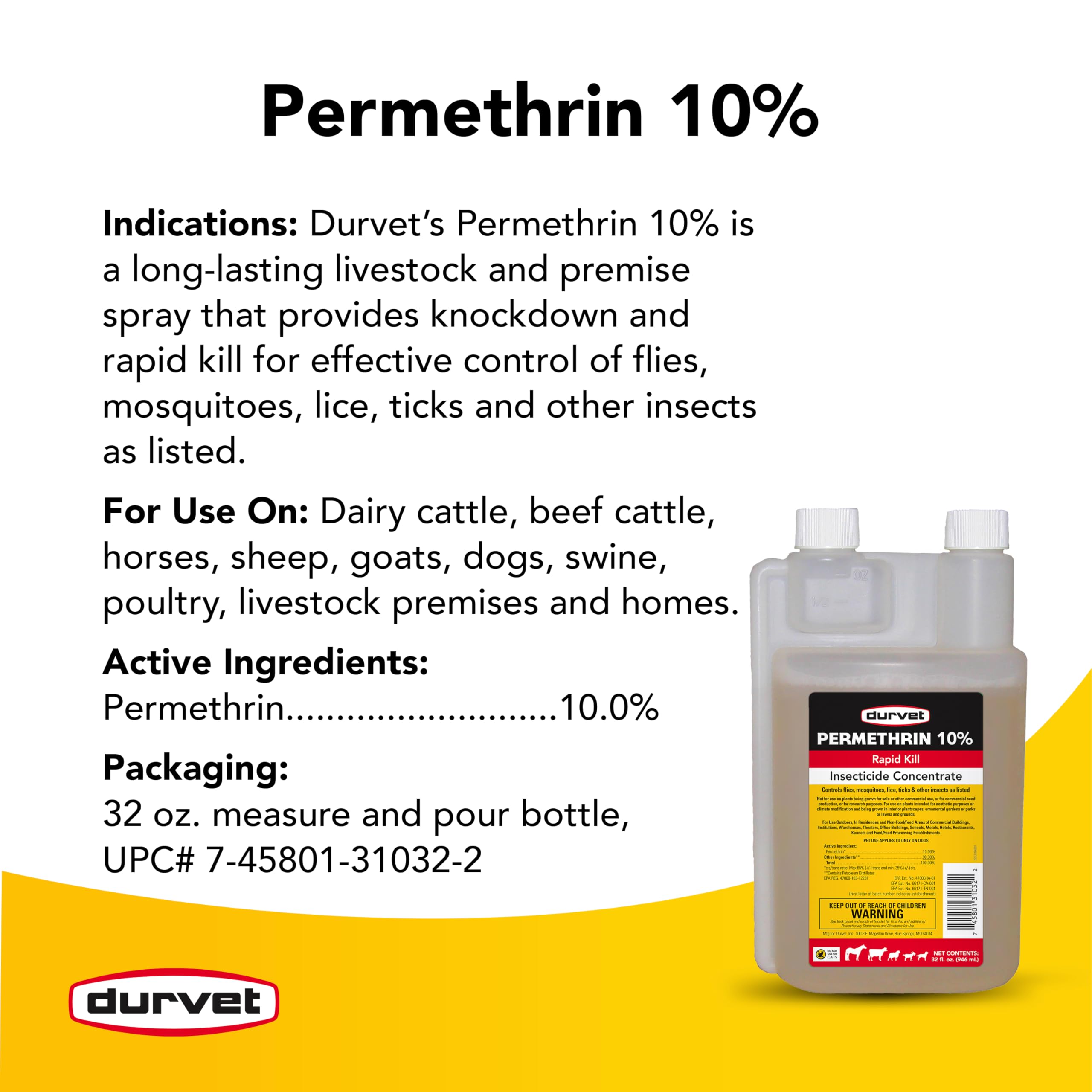 Durvet permethrin EC 10% concentrate pouring-spout image shows simple application at home.