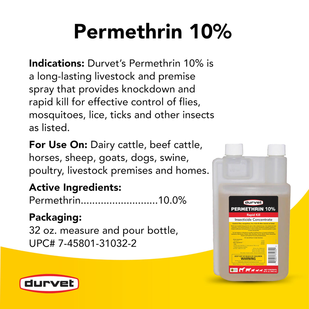 Durvet permethrin EC 10% concentrate pouring-spout image shows simple application at home.