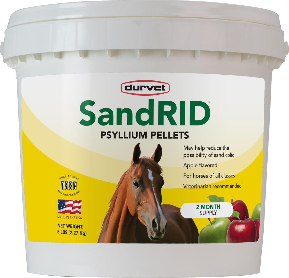 Durvet Sandrid Psyllium Pellets 5lb bag for easy horse digestion support.