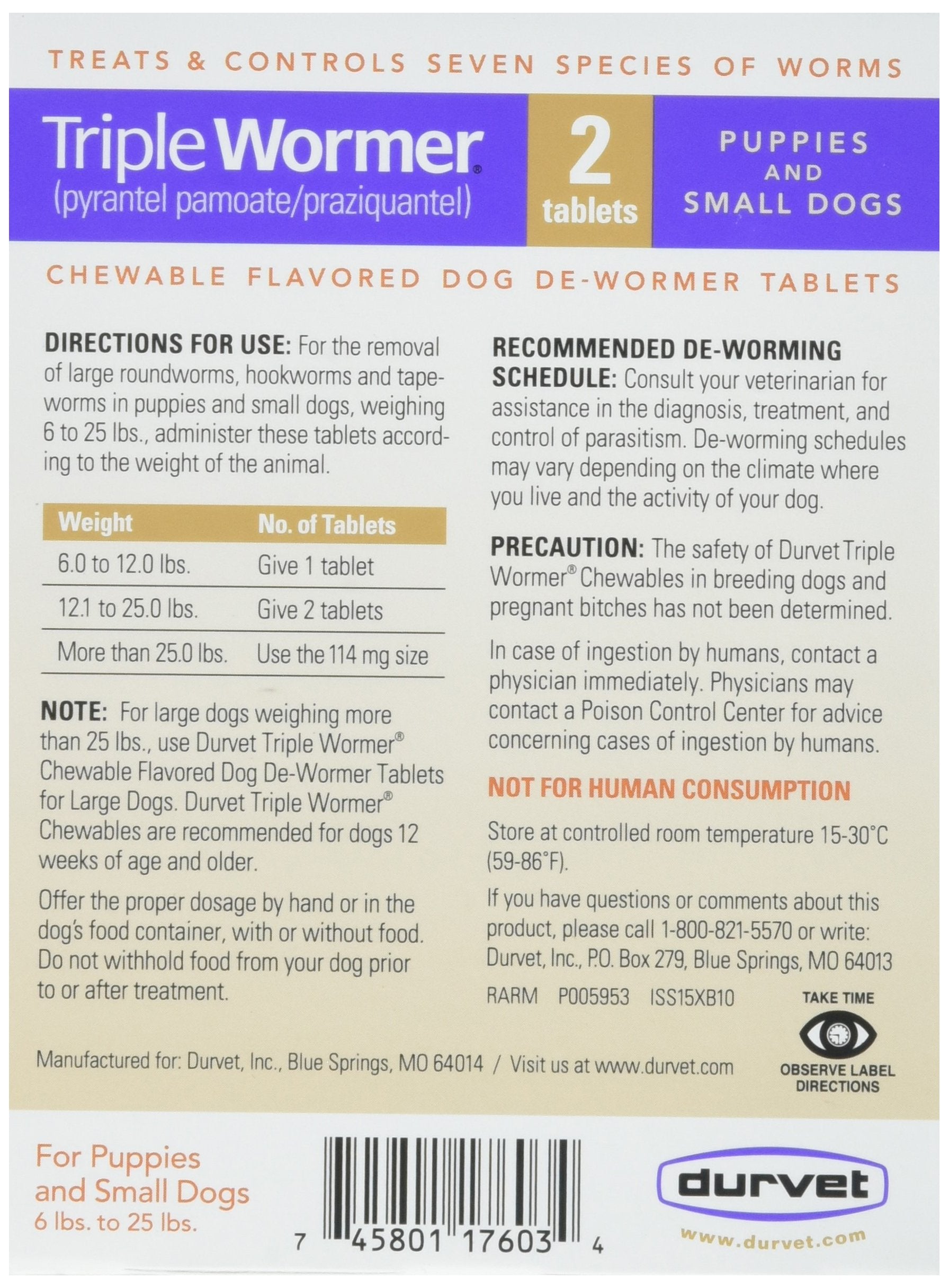 Durvet Triple Wormer chewables close-up highlights easy-administer tablets for pets.