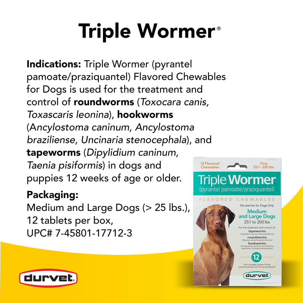 Durvet Triple Wormer dog taking tablet demonstrates convenient, non-prescription parasite control