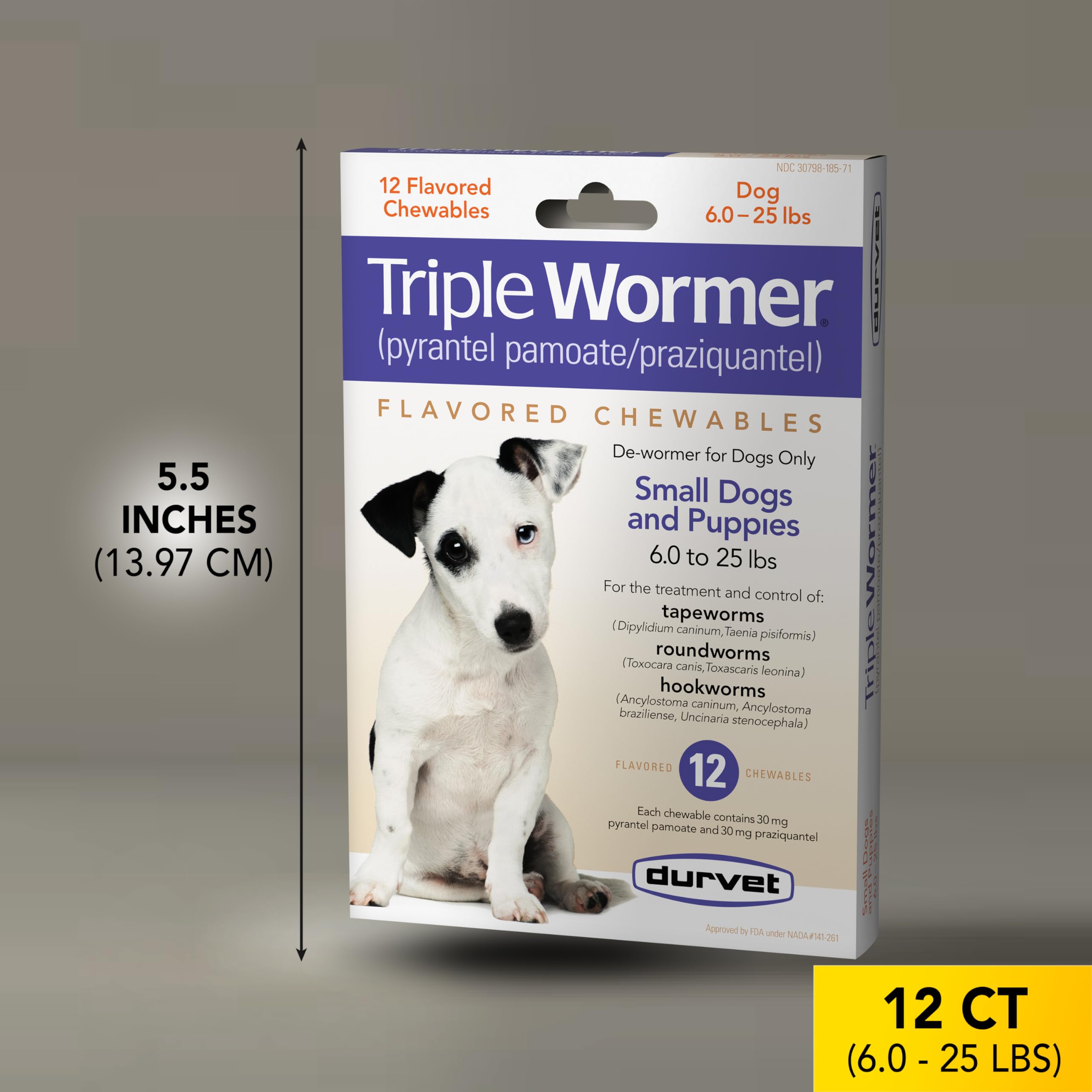 Durvet non-prescription wormer graphic suggests broad parasite coverage for dogs.