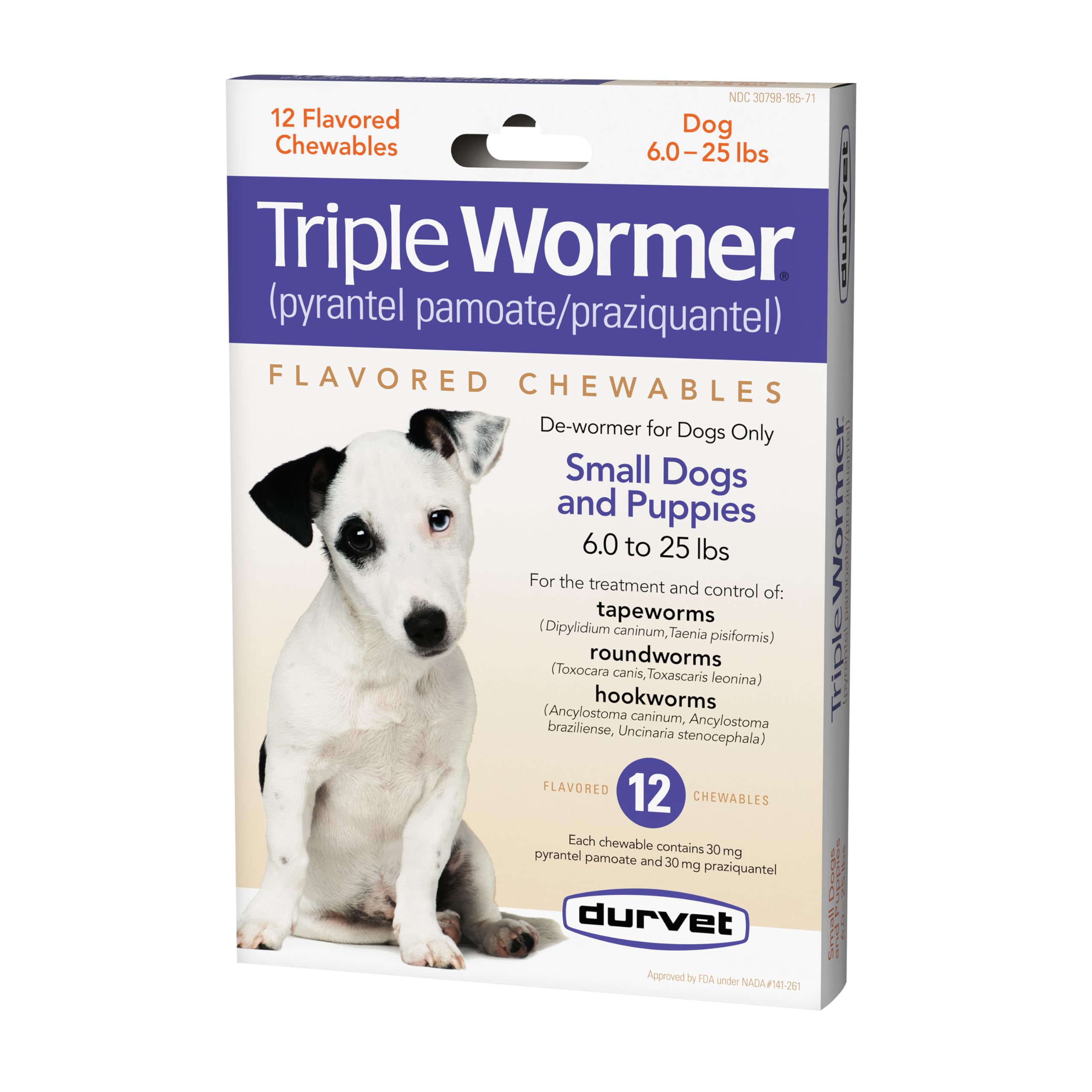 Durvet triple wormer packaging shows easy non-prescription deworming for puppies.