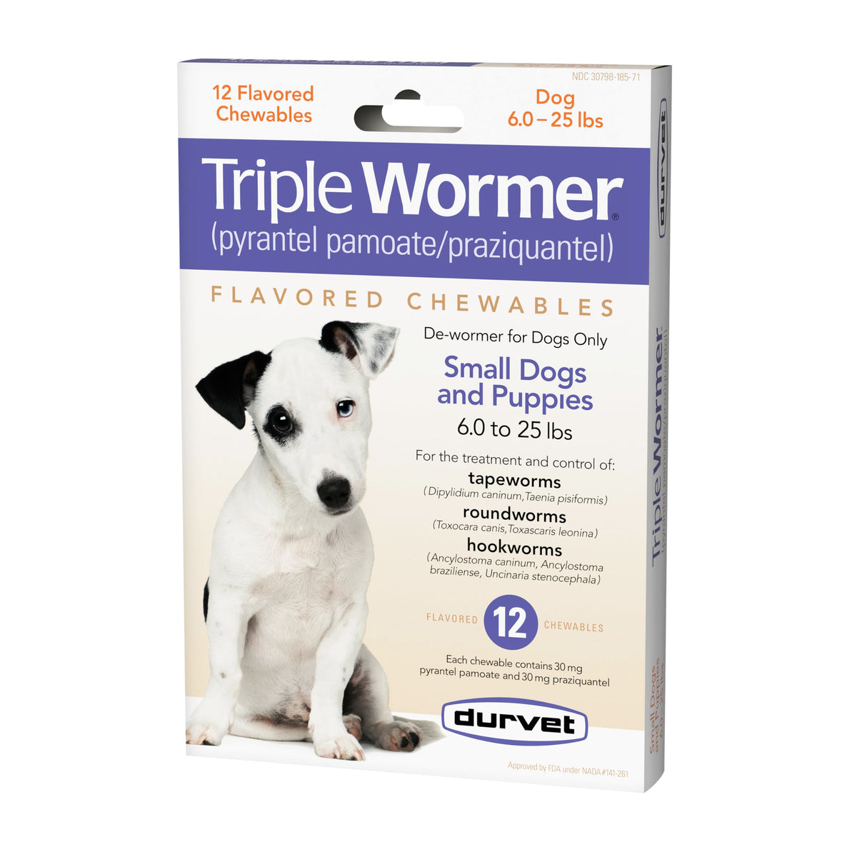 Durvet triple wormer packaging shows easy non-prescription deworming for puppies.