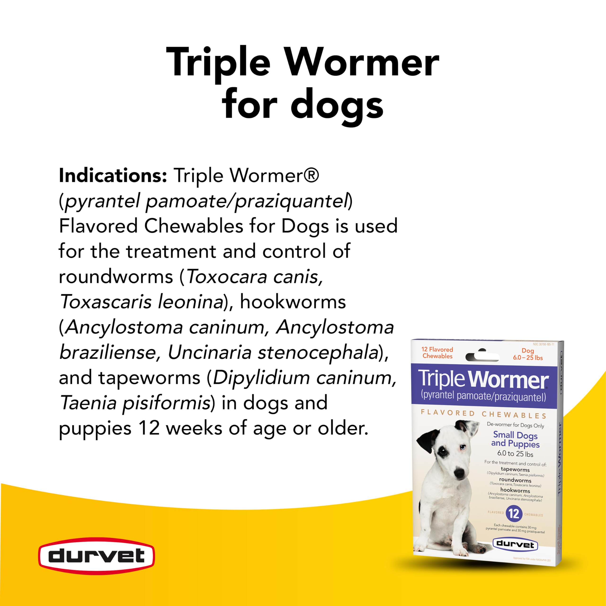 Durvet small-dog friendly chewables shown for simple, non-prescription dosing.