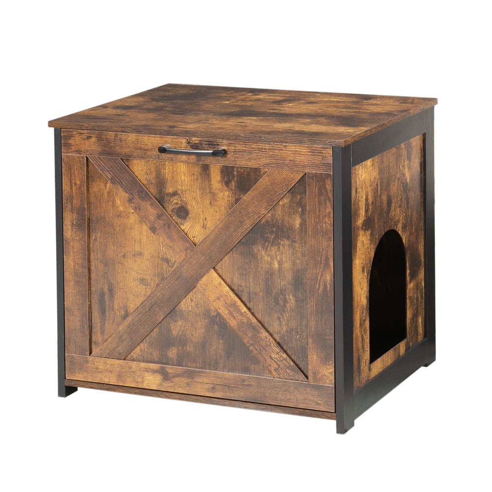 Dwanton Cat Litter Box Furniture full view shows rustic wood and black frame for discreet litter