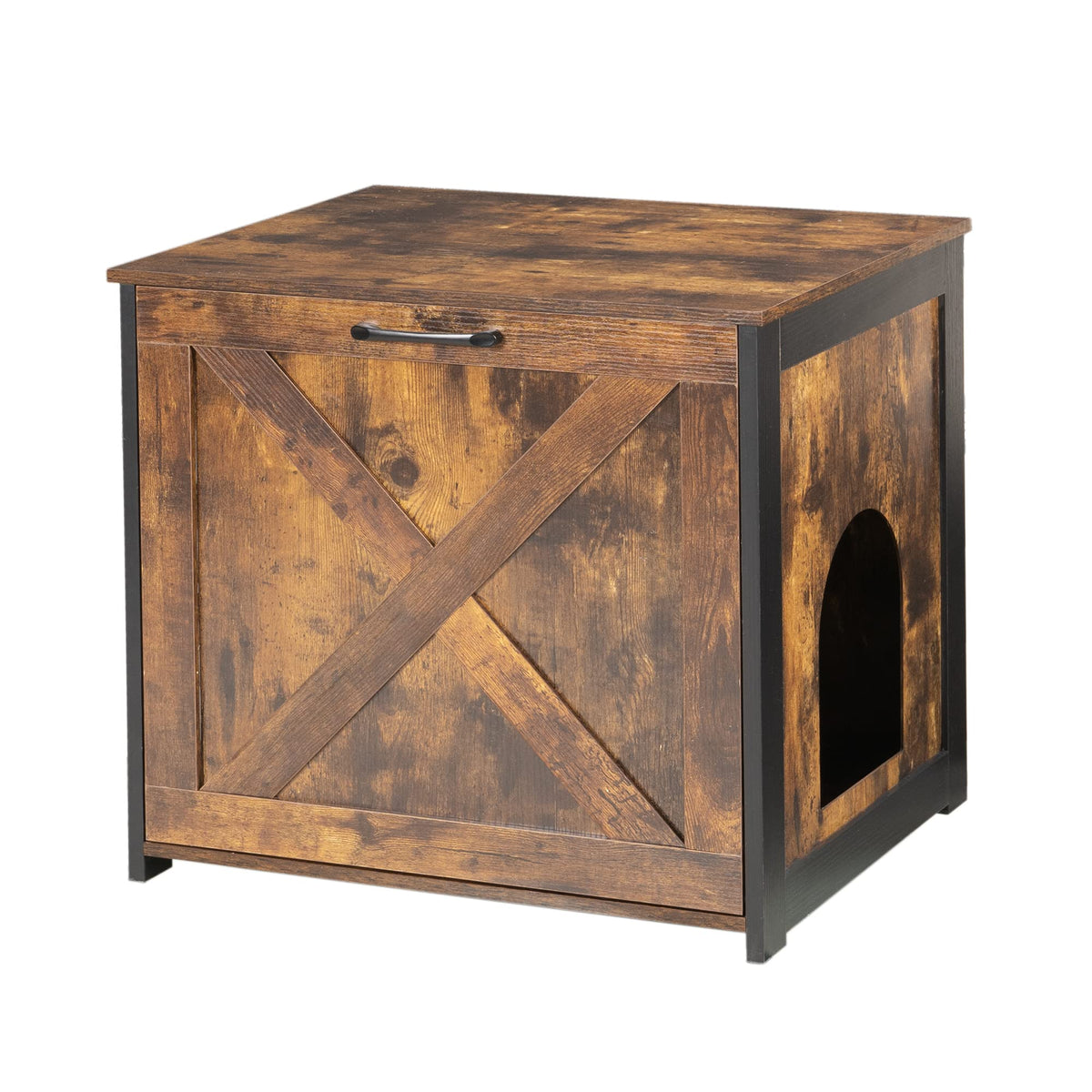 Dwanton Cat Litter Box Furniture full view shows rustic wood and black frame for discreet litter