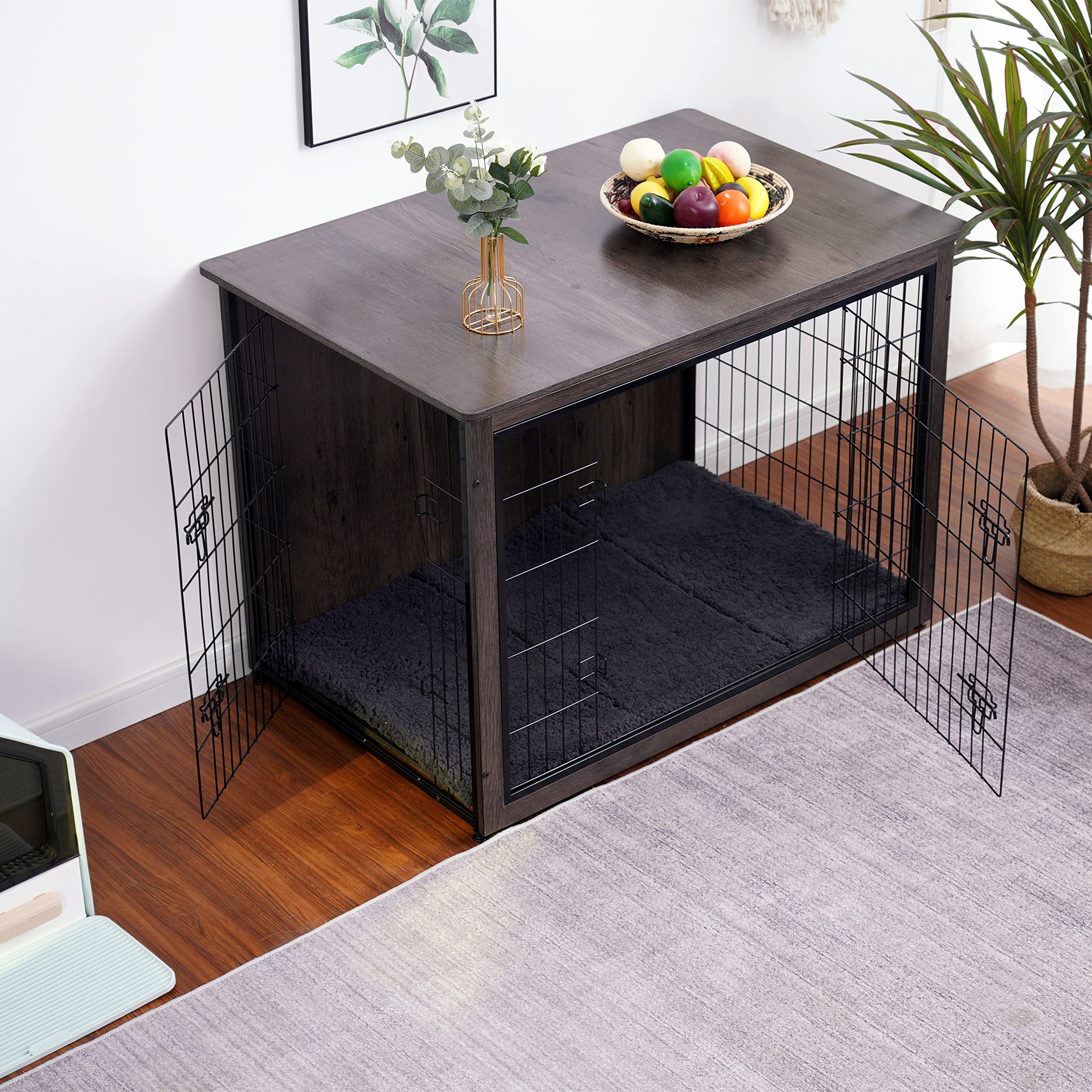 Dwanton dog crate furniture adjustable feet ensure stability on uneven floors during daily use.