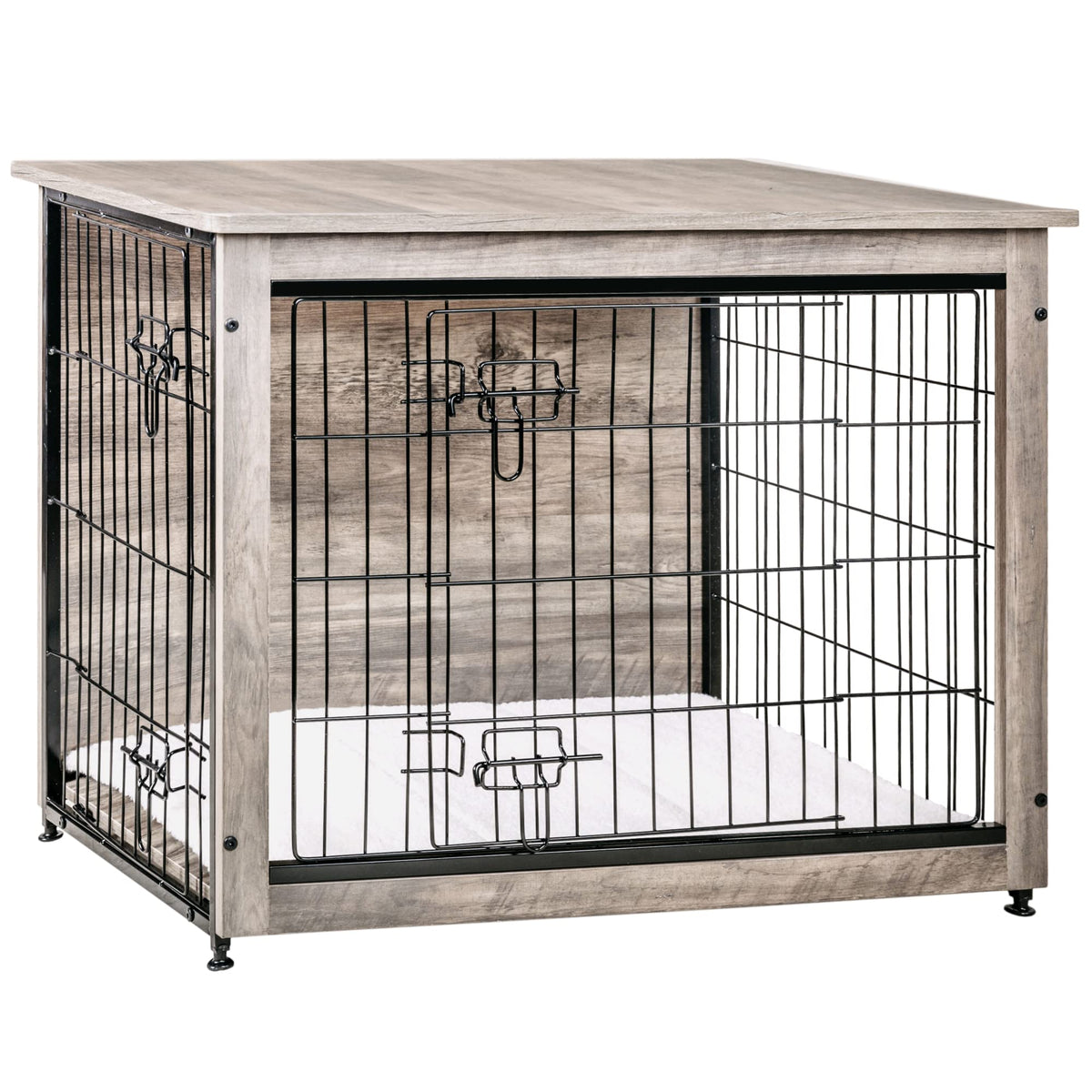 Dwanton dog crate furniture with cushion; cozy interior and decorative top surface.