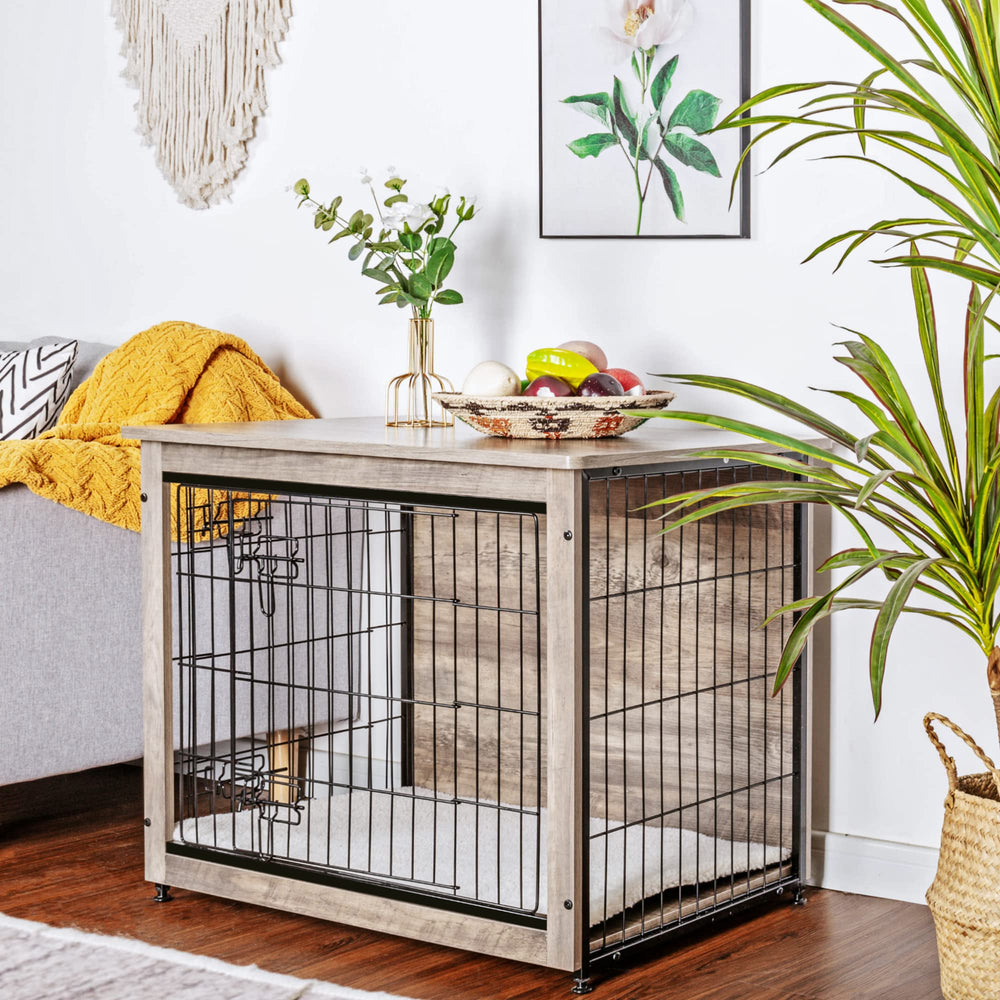 Dwanton greige finish on the 32-5 inch crate table complements modern interiors.