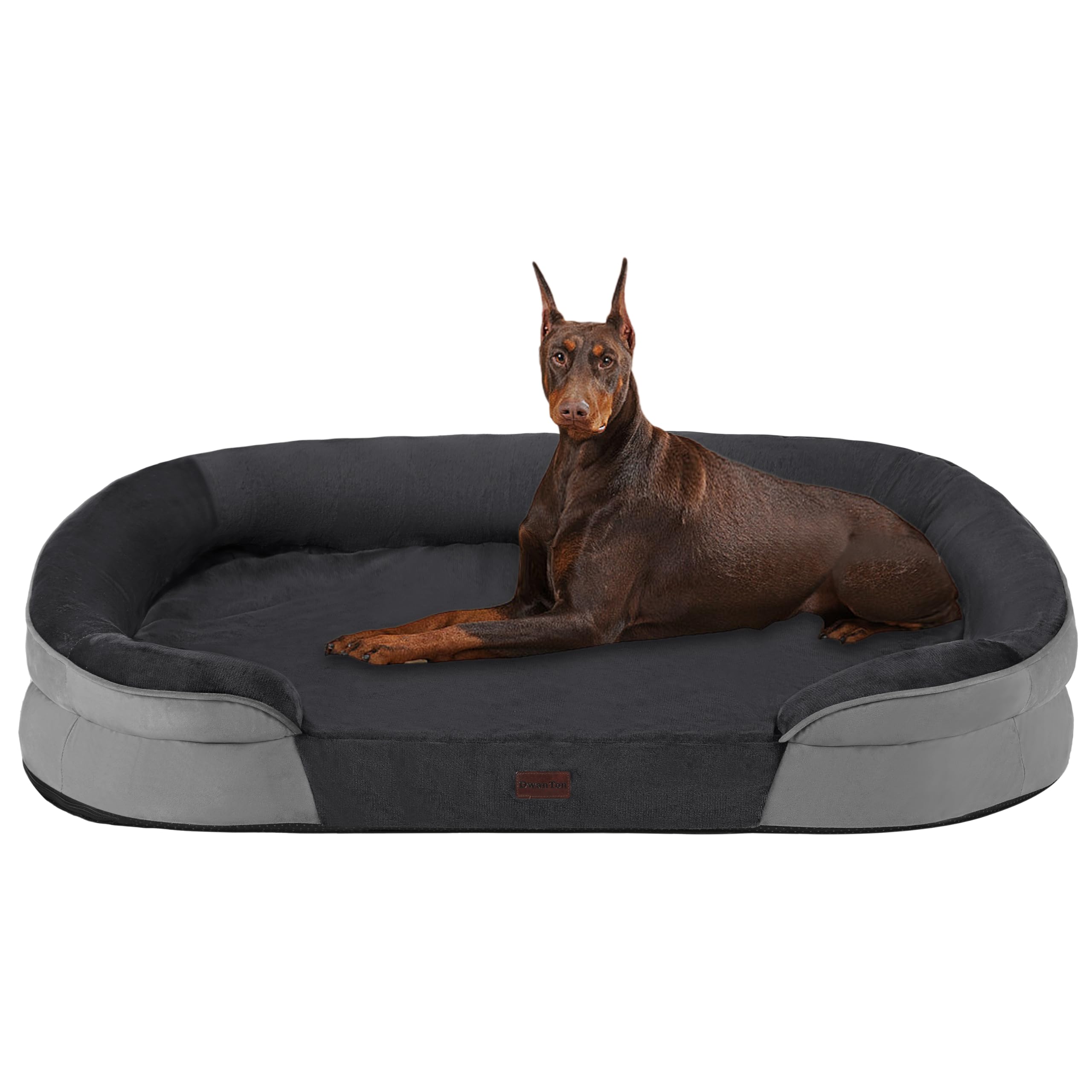 Dwanton orthopedic dog bed 48-inch XXL front view highlights gel memory foam and bolster