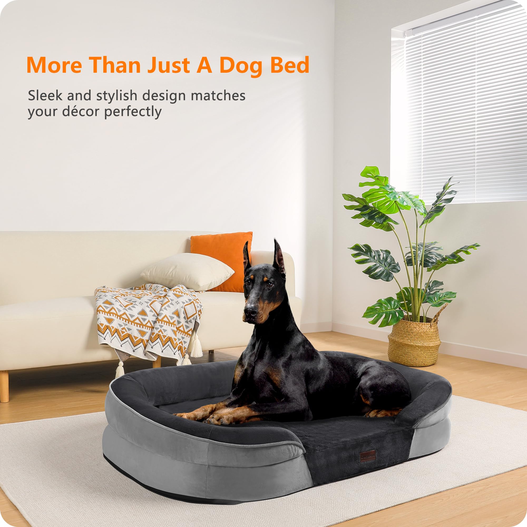 Dwanton orthopedic dog bed 48-inch XXL side view shows wrap-around bolster and roomy sleeping area