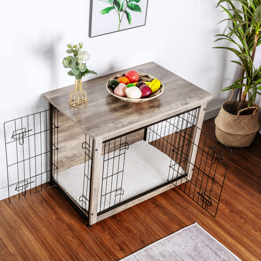 Dwanton wooden dog house medium size in greige finish for indoor use.