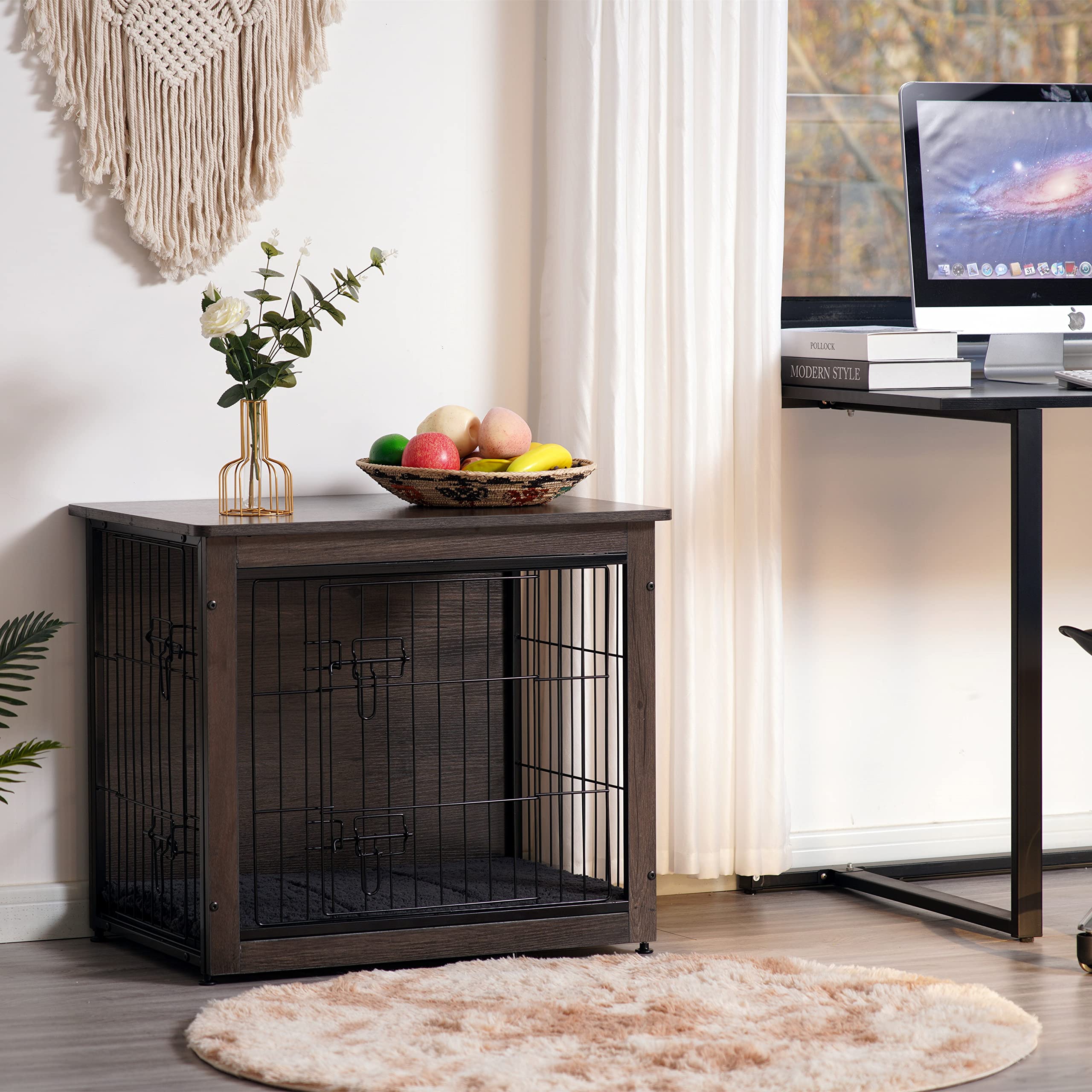 Dwanton wooden kennel table top image shows a stylish surface for decor and pet seating.