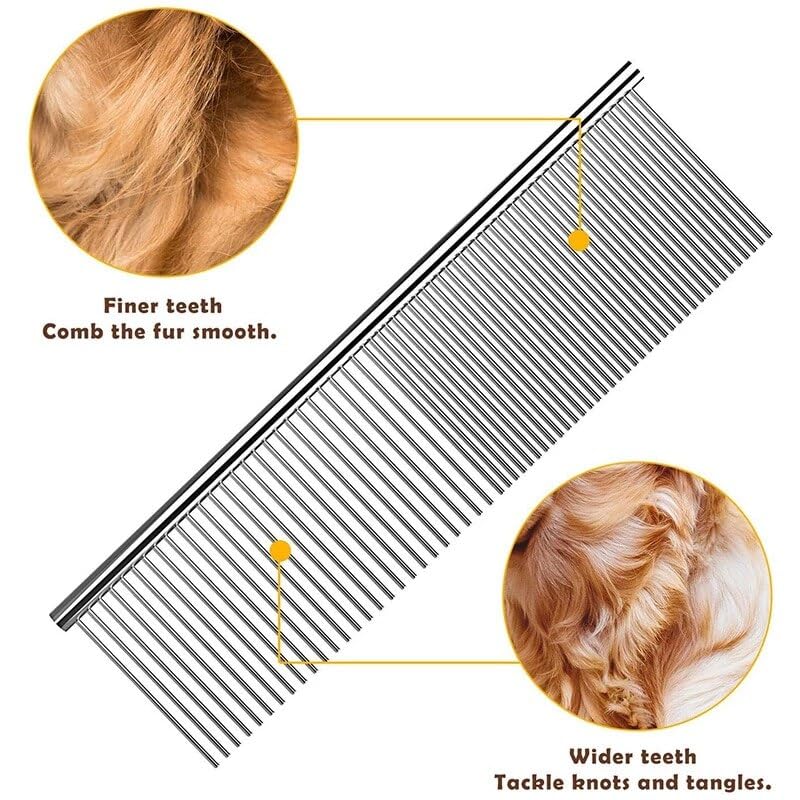 Dxlam metal comb in hand during grooming session illustrates lightweight, portable design.