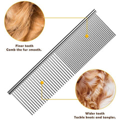 Dxlam metal comb in hand during grooming session illustrates lightweight, portable design.