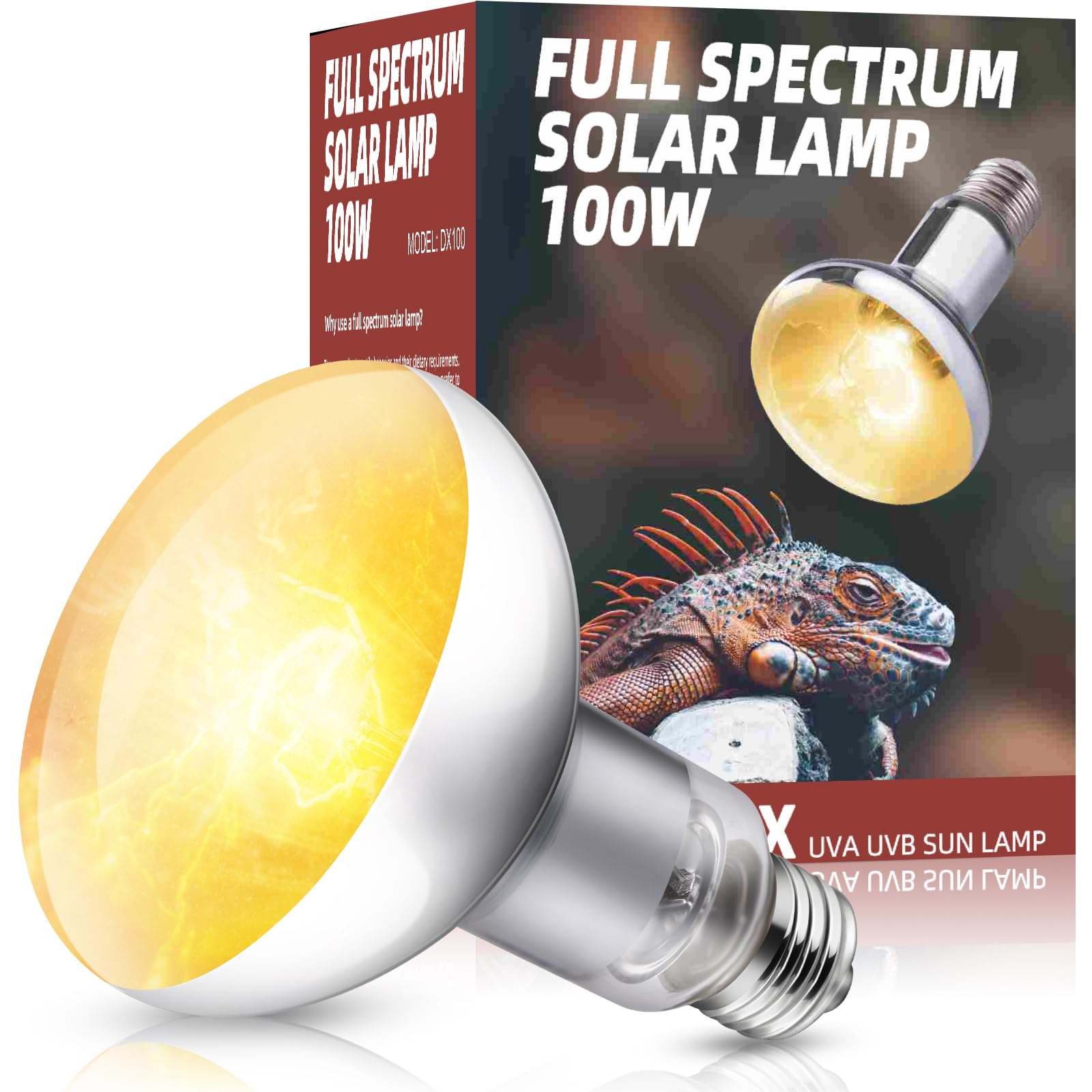 DXOPHIEX 100W reptile heat lamp full spectrum UVB provides warm basking light for reptiles.