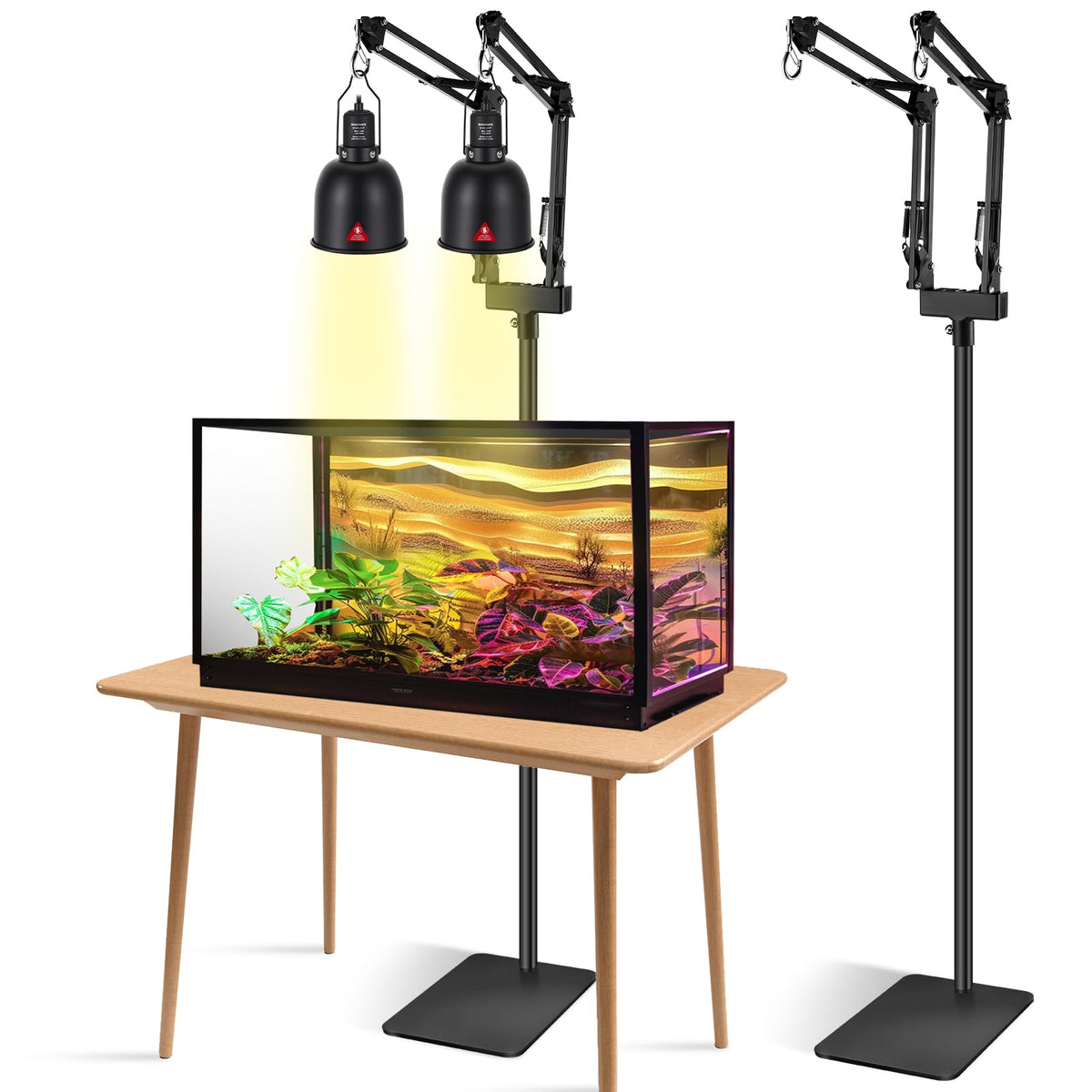 DXOPHIEX dual reptile lamp stand with folding arms for flexible lighting angles in enclosures.