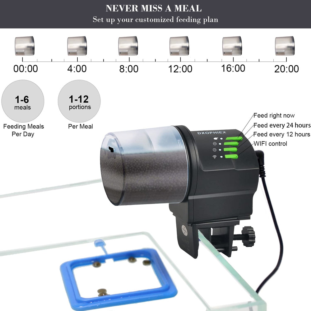DXOPHIEX WiFi fish feeder dual-containers shot highlights flexible portion sizes for different foods.
