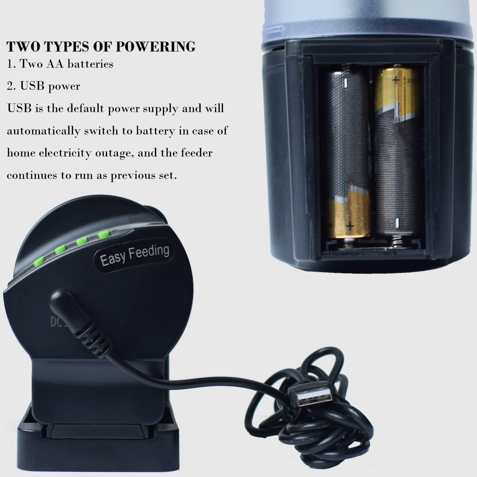 DXOPHIEX WiFi fish feeder USB power cable image shows continuous power during outages.