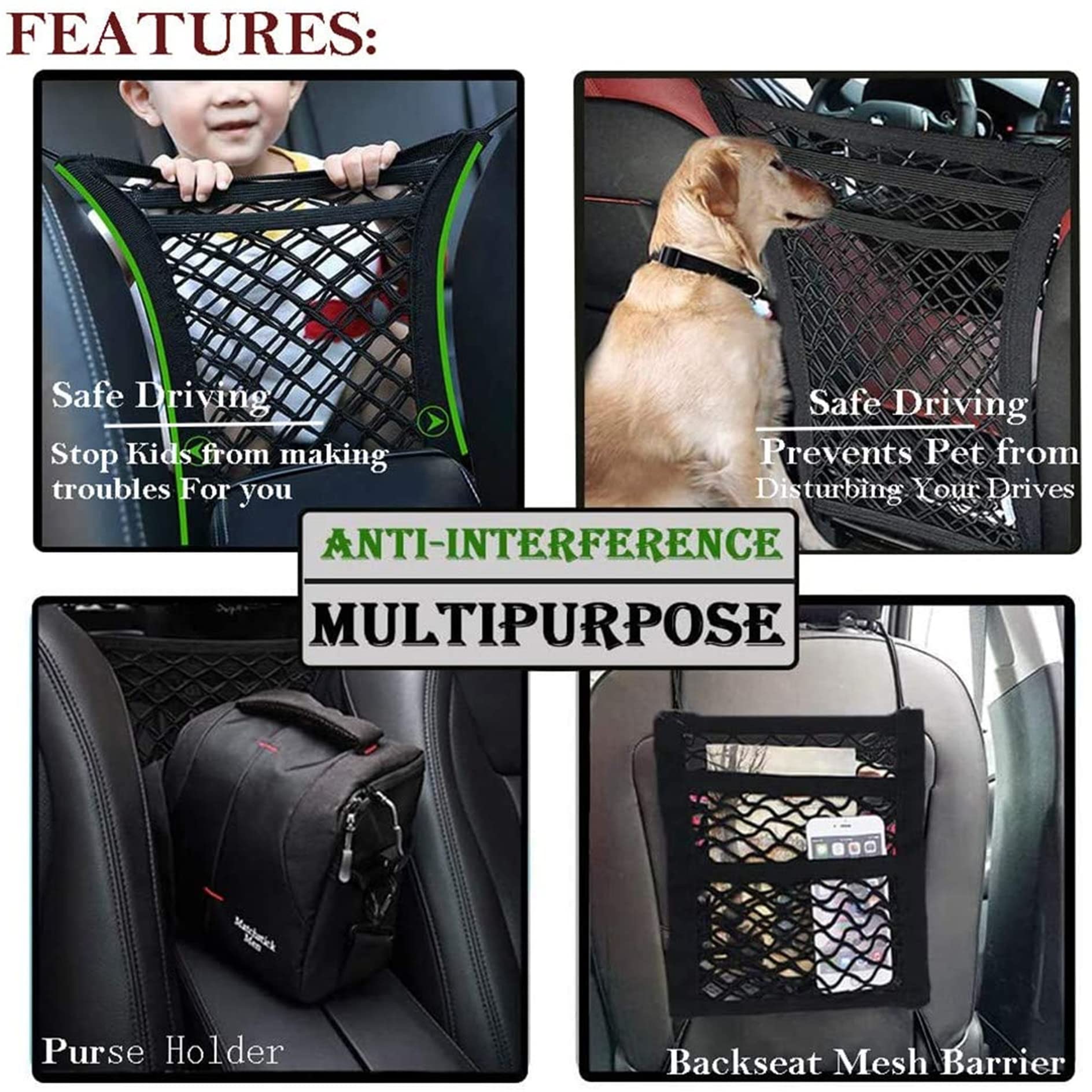 DYKESON pet barrier seat-back storage net keeps essentials within reach