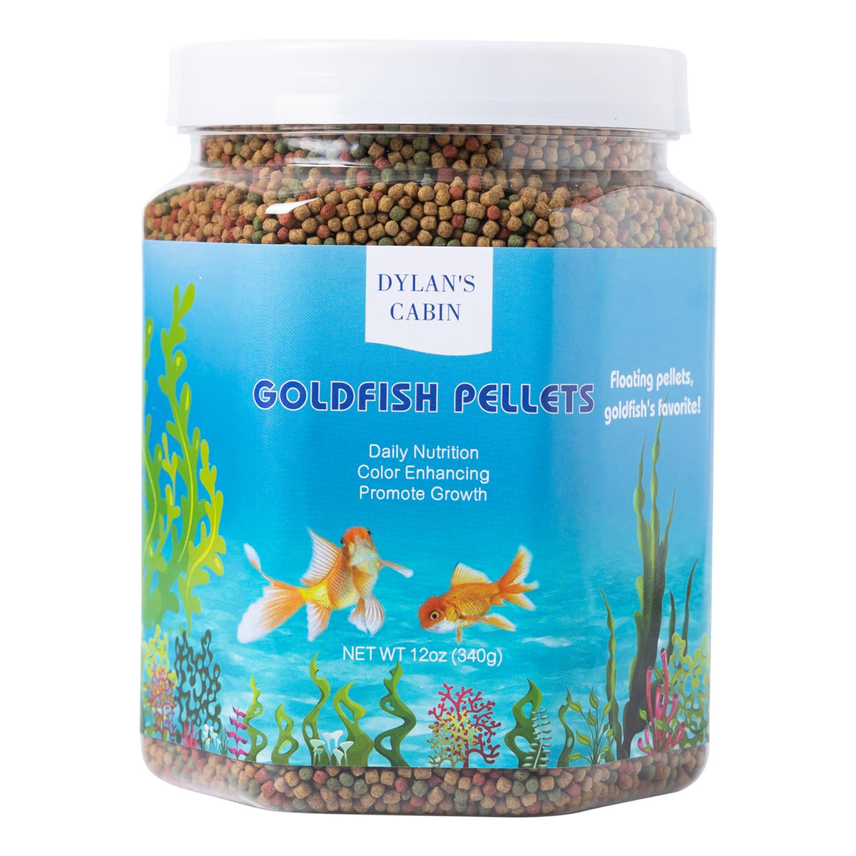 Dylan's cabin floating goldfish food pellets packshot; easy daily feeding on display