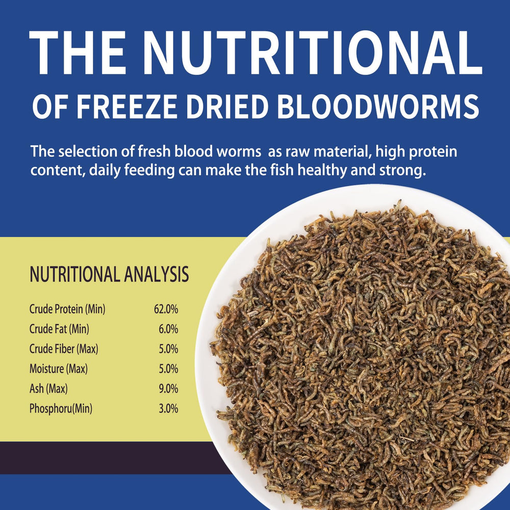 Dylan's cabin Freeze Dried Blood Worms packaging close-up highlights nutrient-rich formula.
