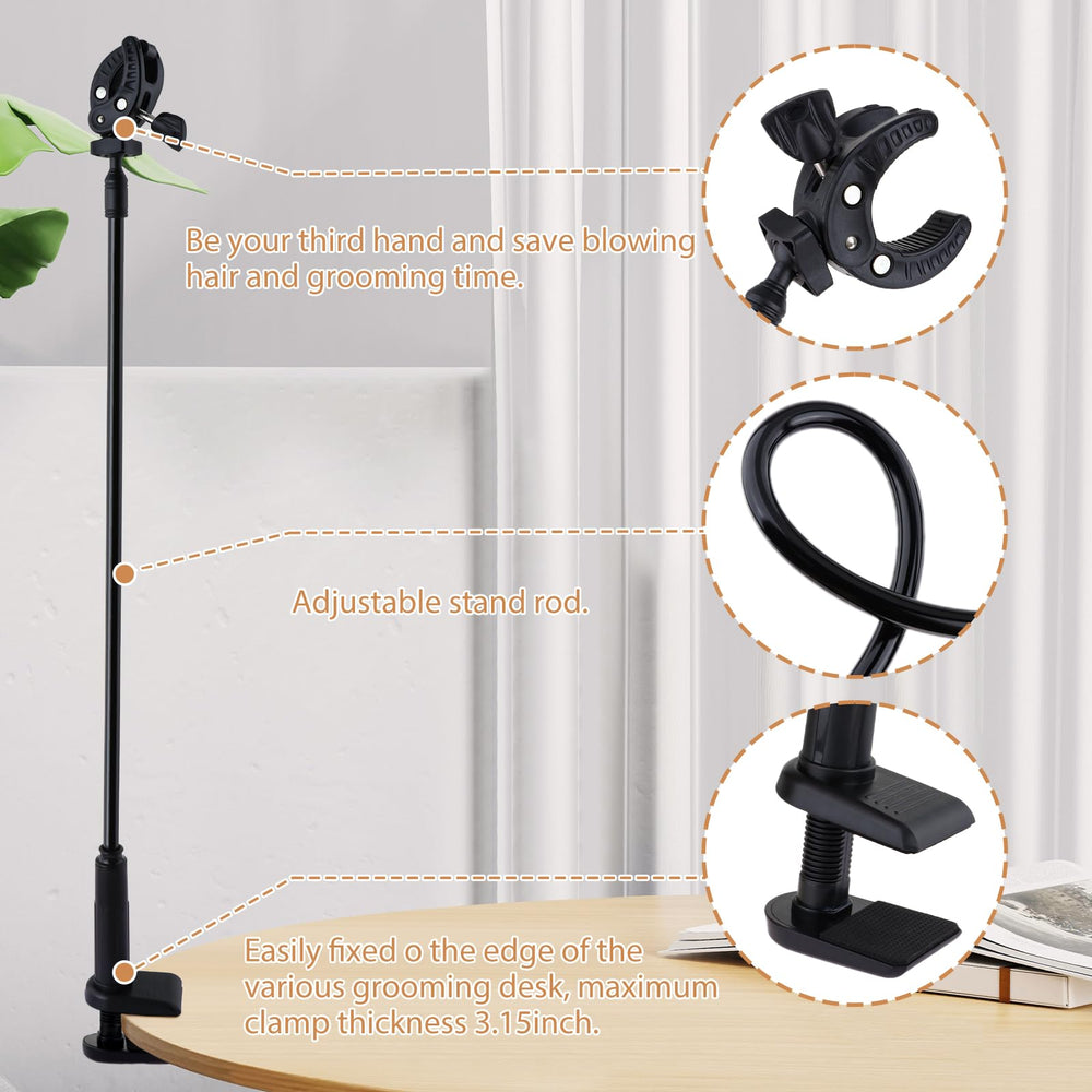 DYNWAVE dog hair dryer stand clamp-mount secures to table edges for hands-free grooming.