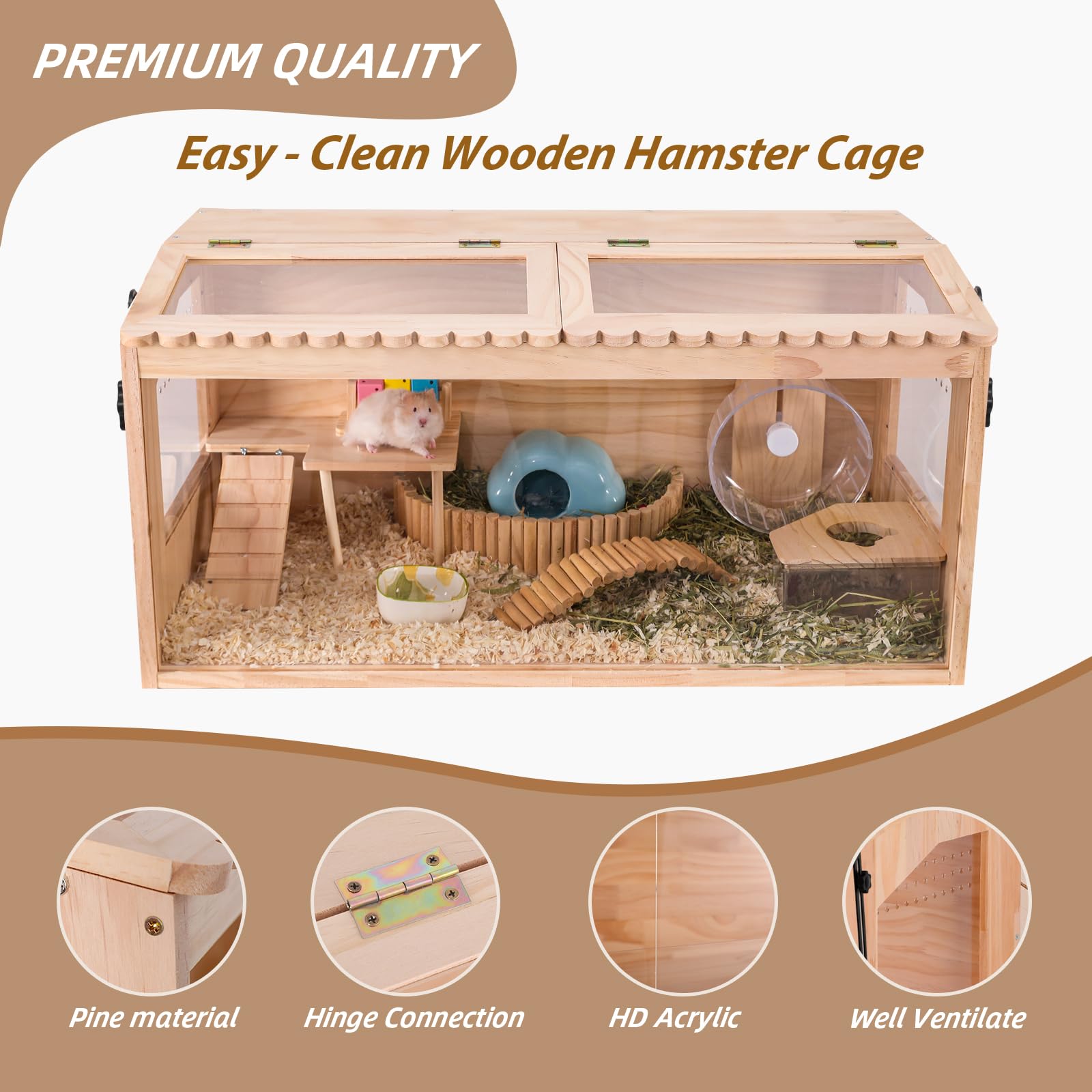 DZWLKJ hamster habitat natural pine acrylic panel emphasizes durable, non-toxic build.