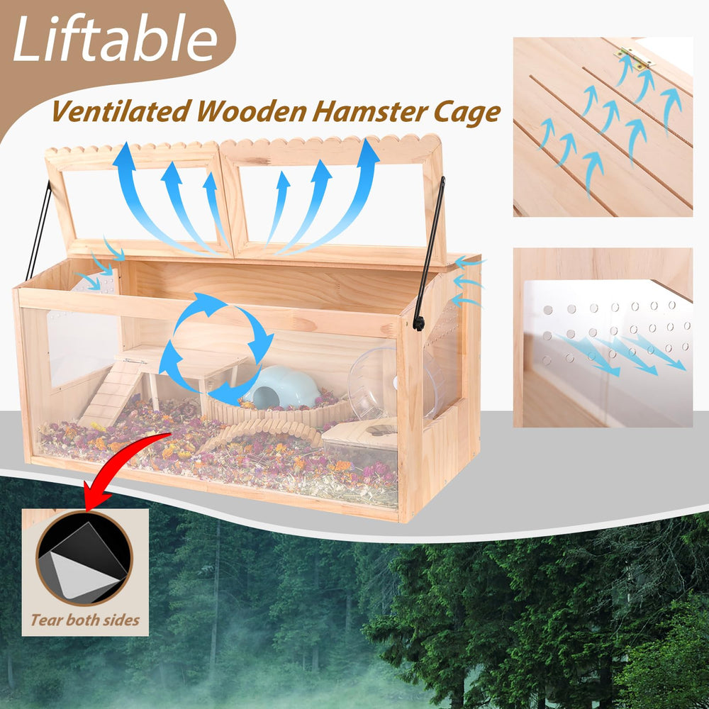 DZWLKJ wooden hamster cage with two open sunroofs for light and airflow.
