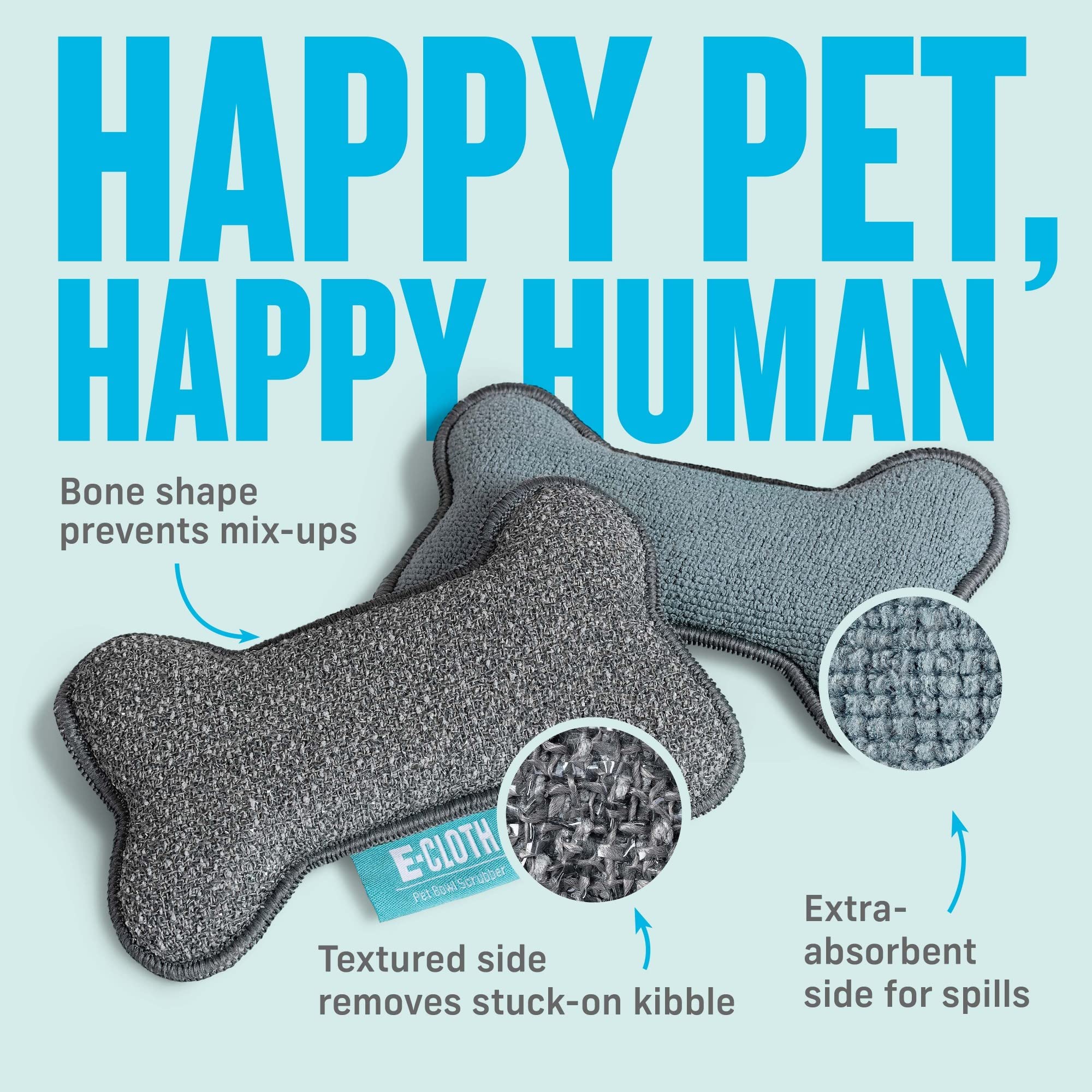 E-Cloth Pet Bowl Scrubber textured side dislodges kibble for thorough cleaning