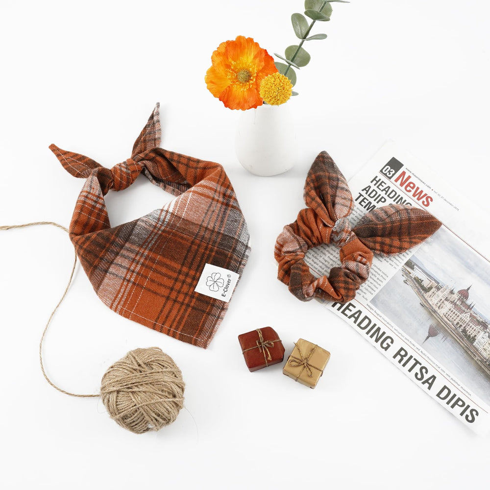 E-Clover brown-plaid bandana detail highlights classic fall style.