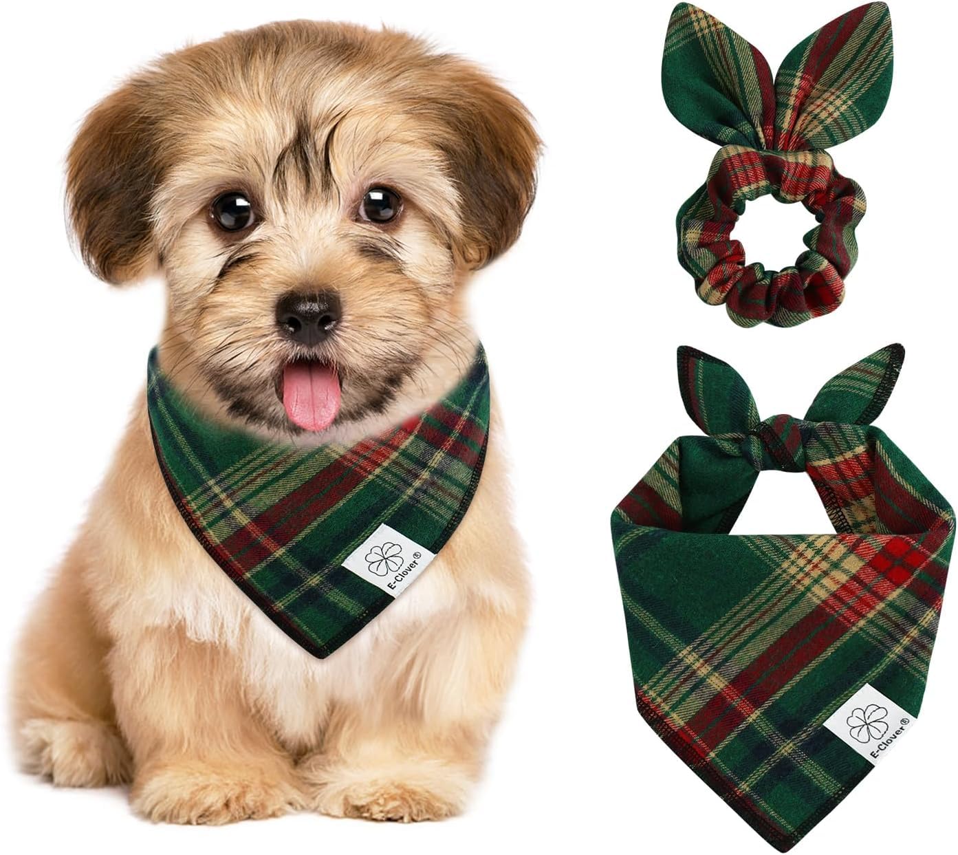 E-Clover Christmas dog bandana folded for festive holiday style.