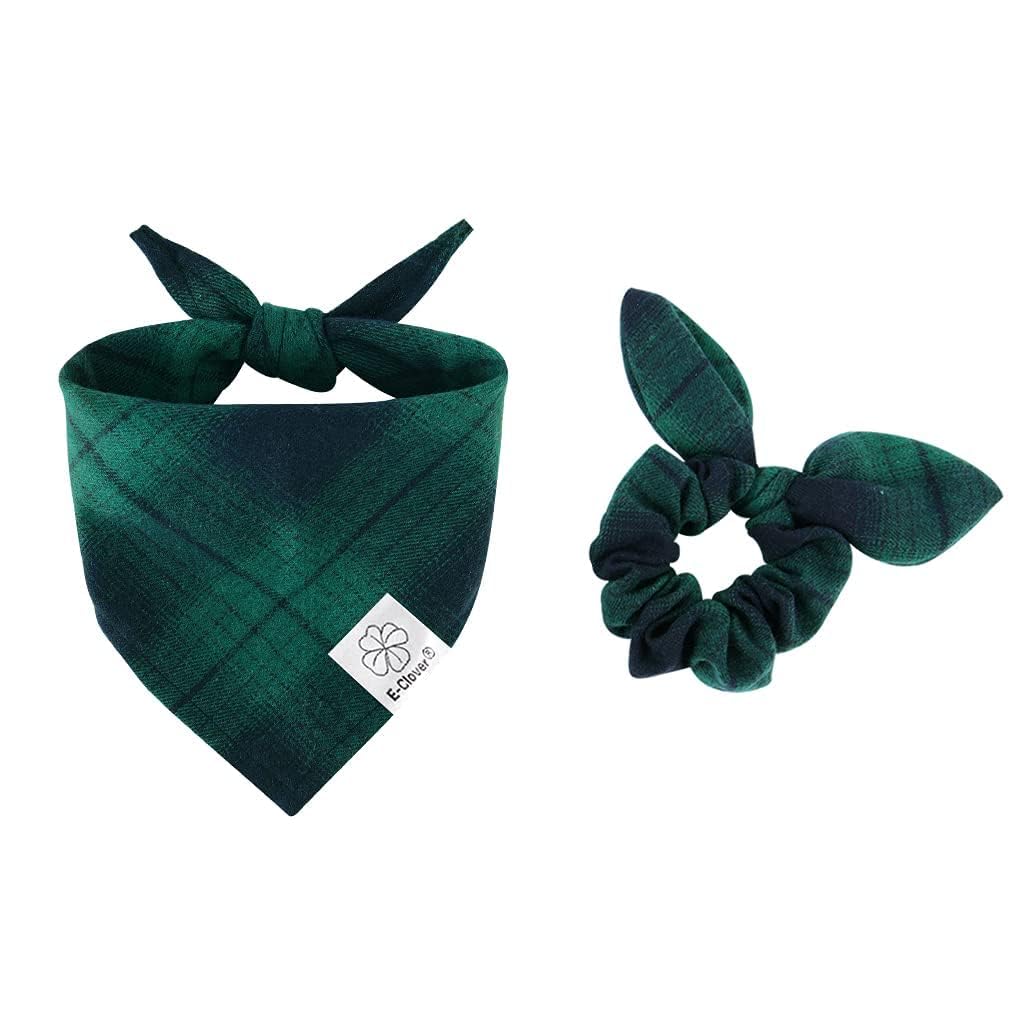 E-Clover Christmas dog bandana in green plaid, front view for festive photos.