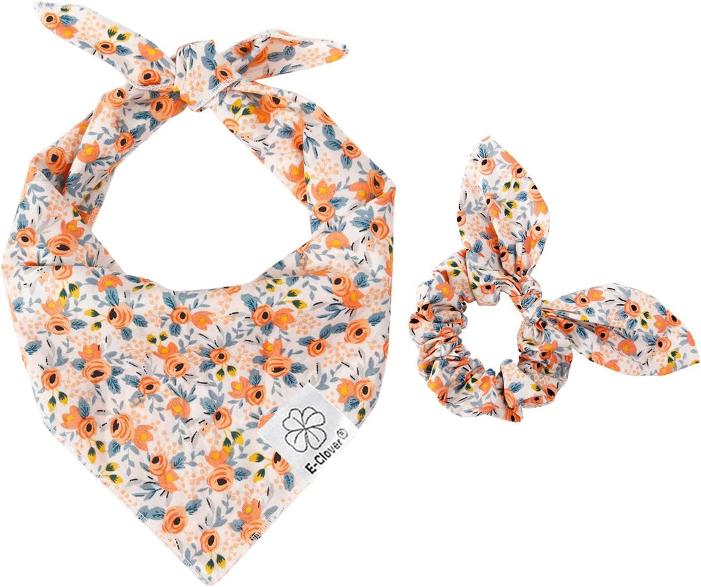 E-Clover dog bandana flower pattern worn for a cheerful spring look, ideal as a photo prop
