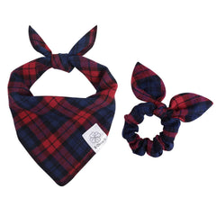 E-Clover plaid dog bandana in red for festive photos and walks.
